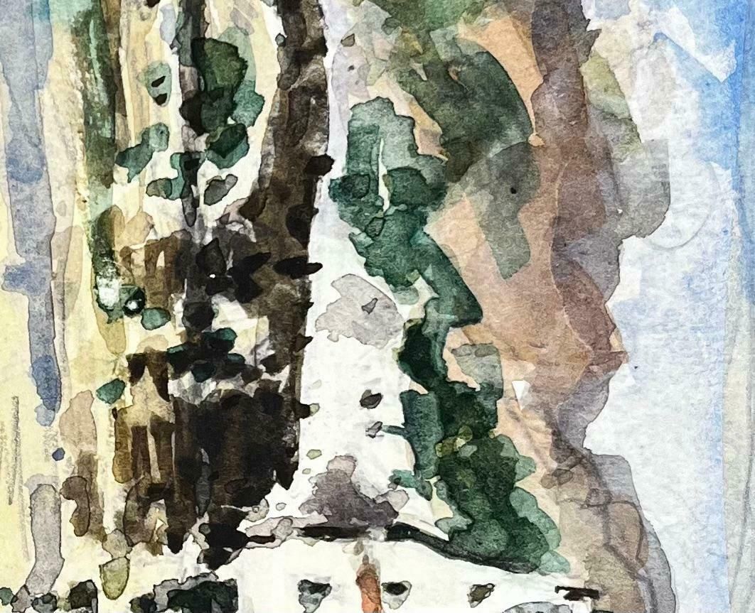 Unknownfrench Impressionist Watercolor Landscape Mountainous With Village And Bridge20th Century photo Art