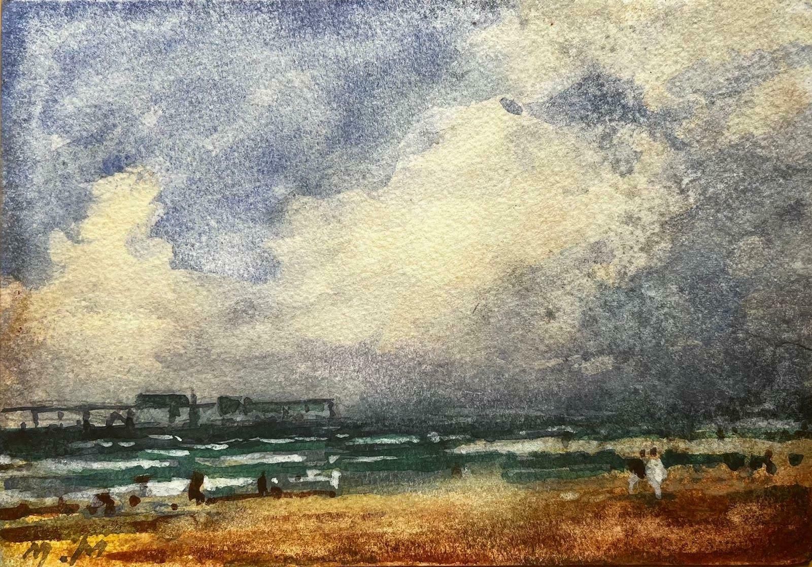 Unknownfrench Impressionist Watercolor Landscape Seaside Scene With Pier And Figures20th Century