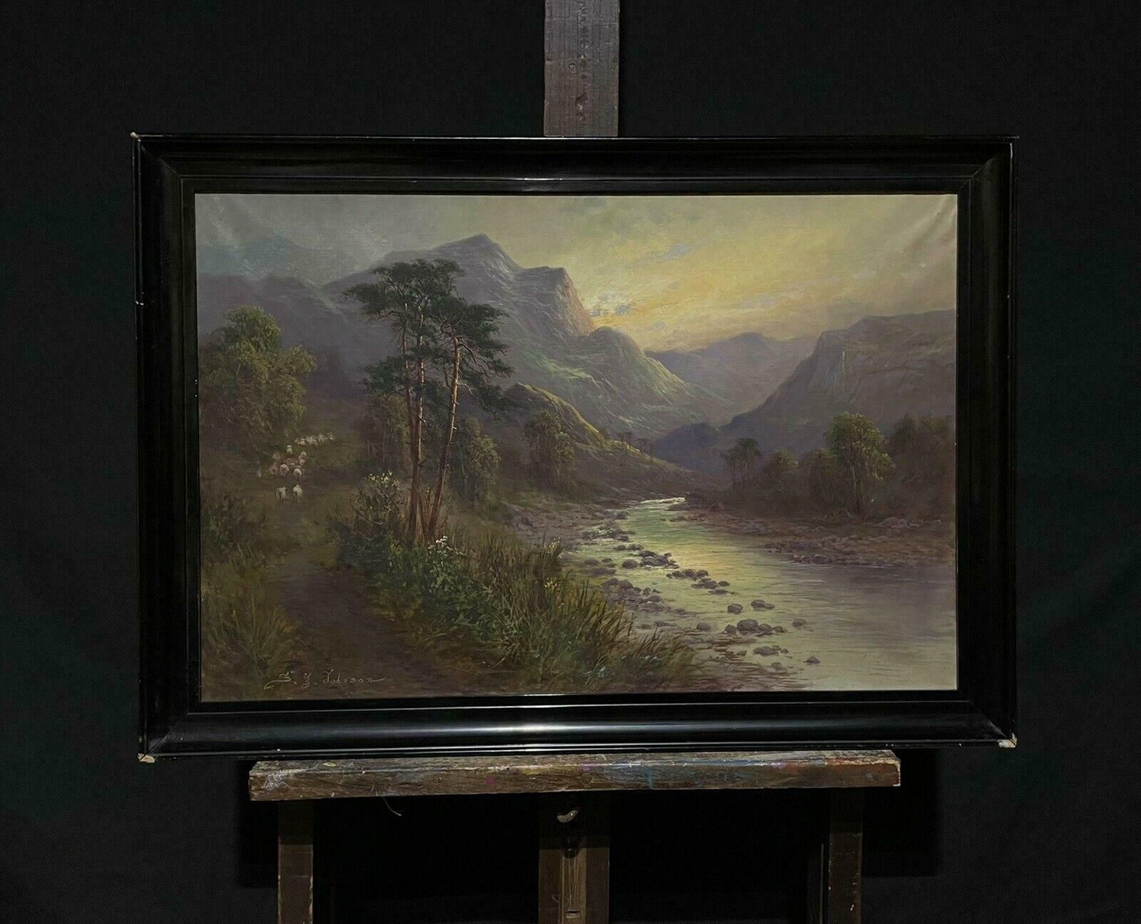 Sidney Yates Johnsonlarge Antique Scottish Highland Landscape Oil Painting Sheep In River Valleyc. 1900 photo furniture