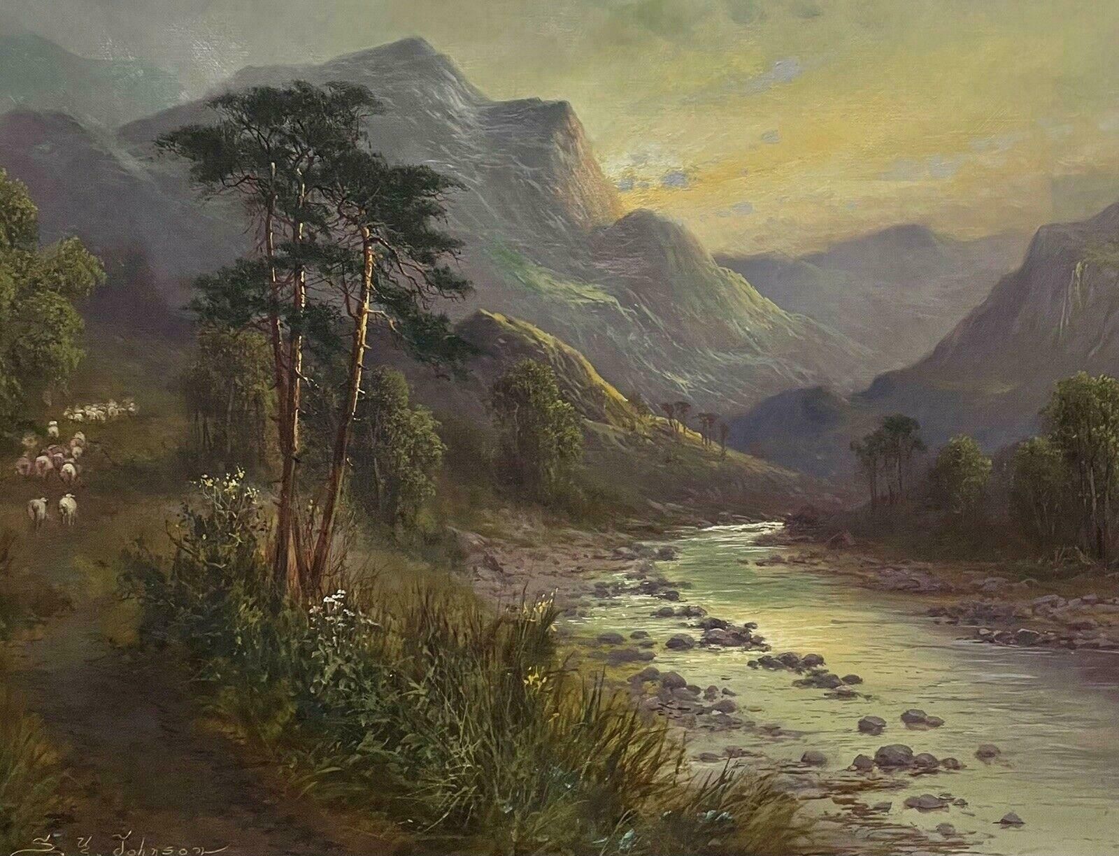 Sidney Yates Johnsonlarge Antique Scottish Highland Landscape Oil Painting Sheep In River Valleyc. 1900 photo Art