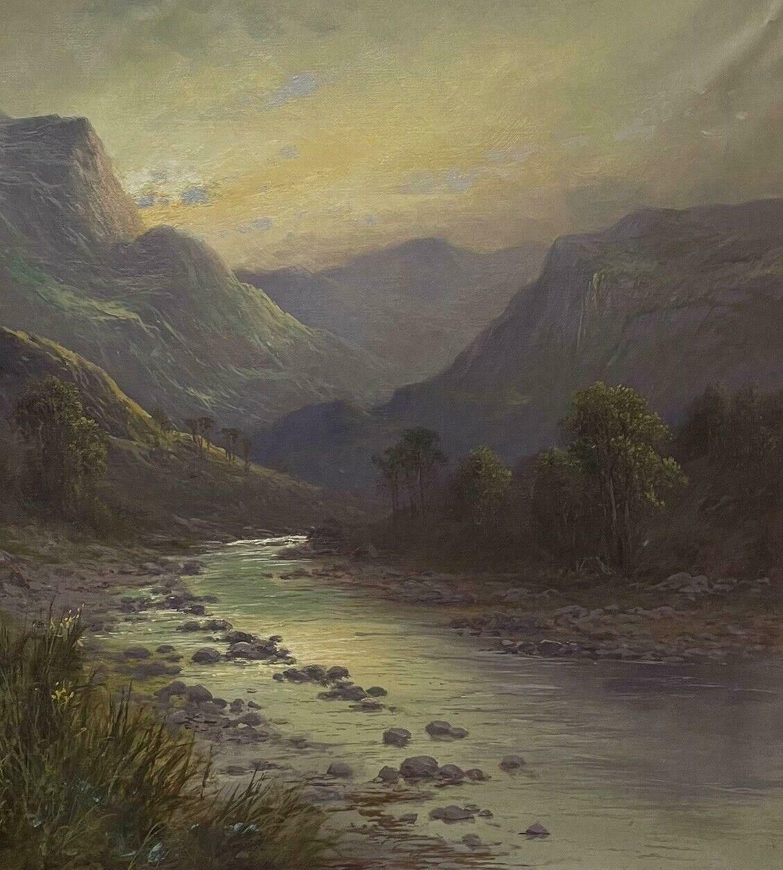 Sidney Yates Johnsonlarge Antique Scottish Highland Landscape Oil Painting Sheep In River Valleyc. 1900 photo 1736.0