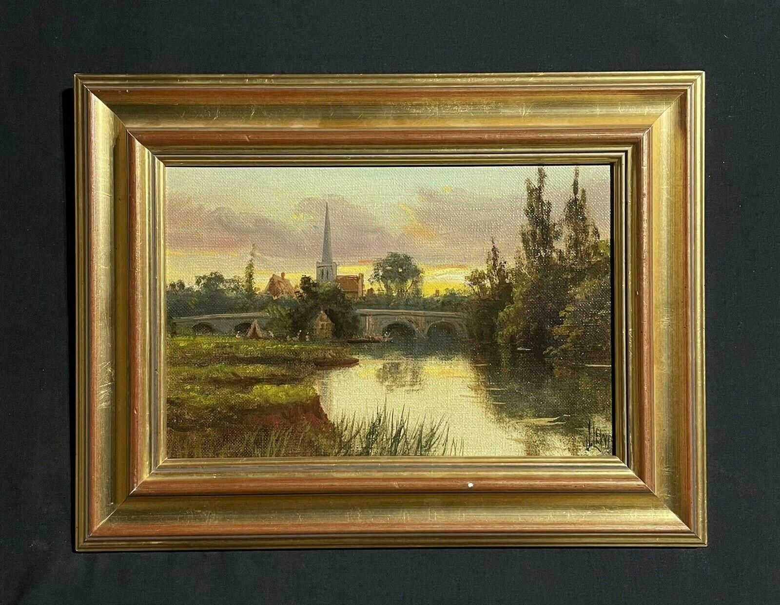 James Lewisantique English Signed Oil   Sunset Over The River Thames Fields And Church photo furniture