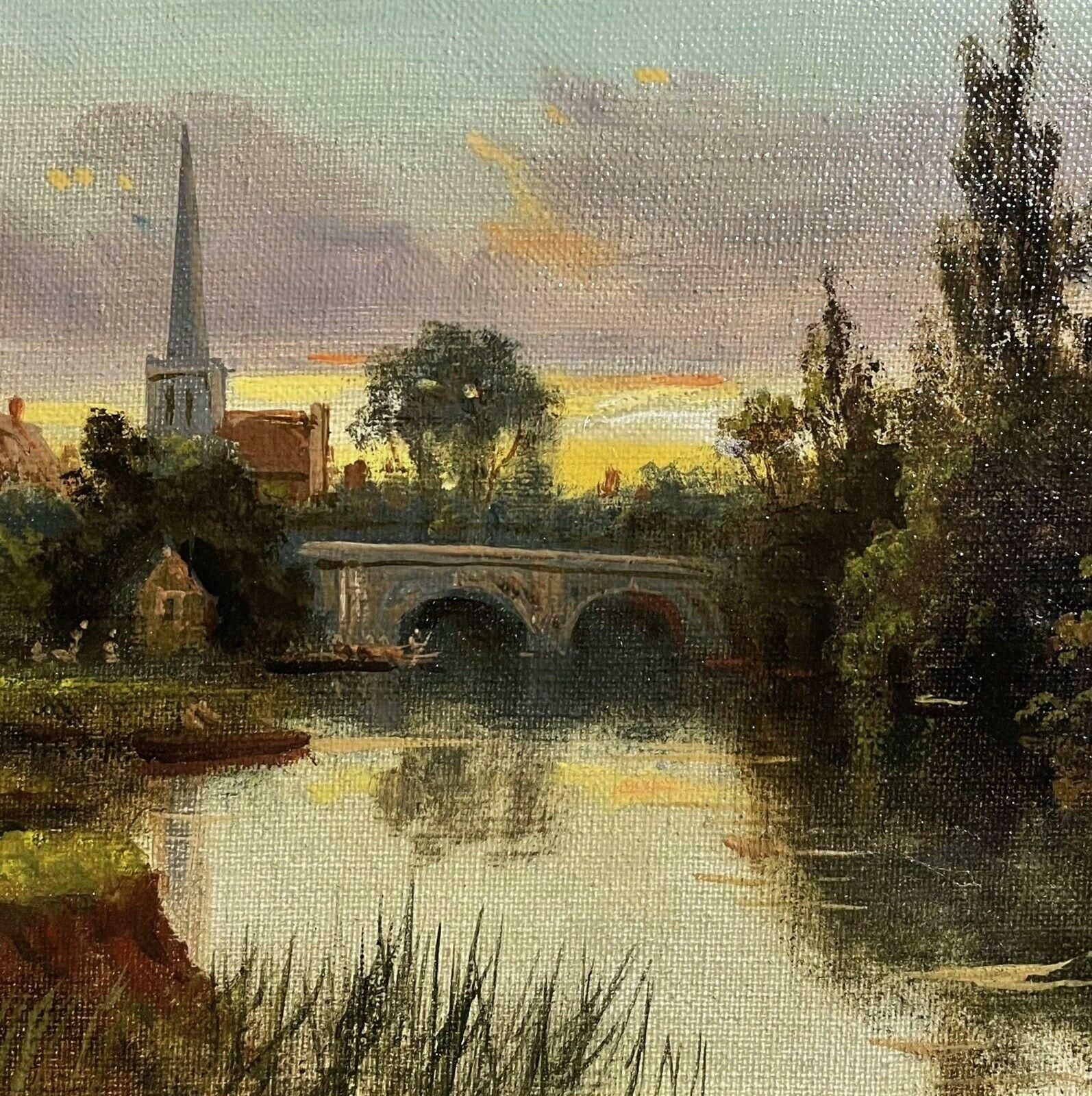 James Lewisantique English Signed Oil   Sunset Over The River Thames Fields And Church photo Art