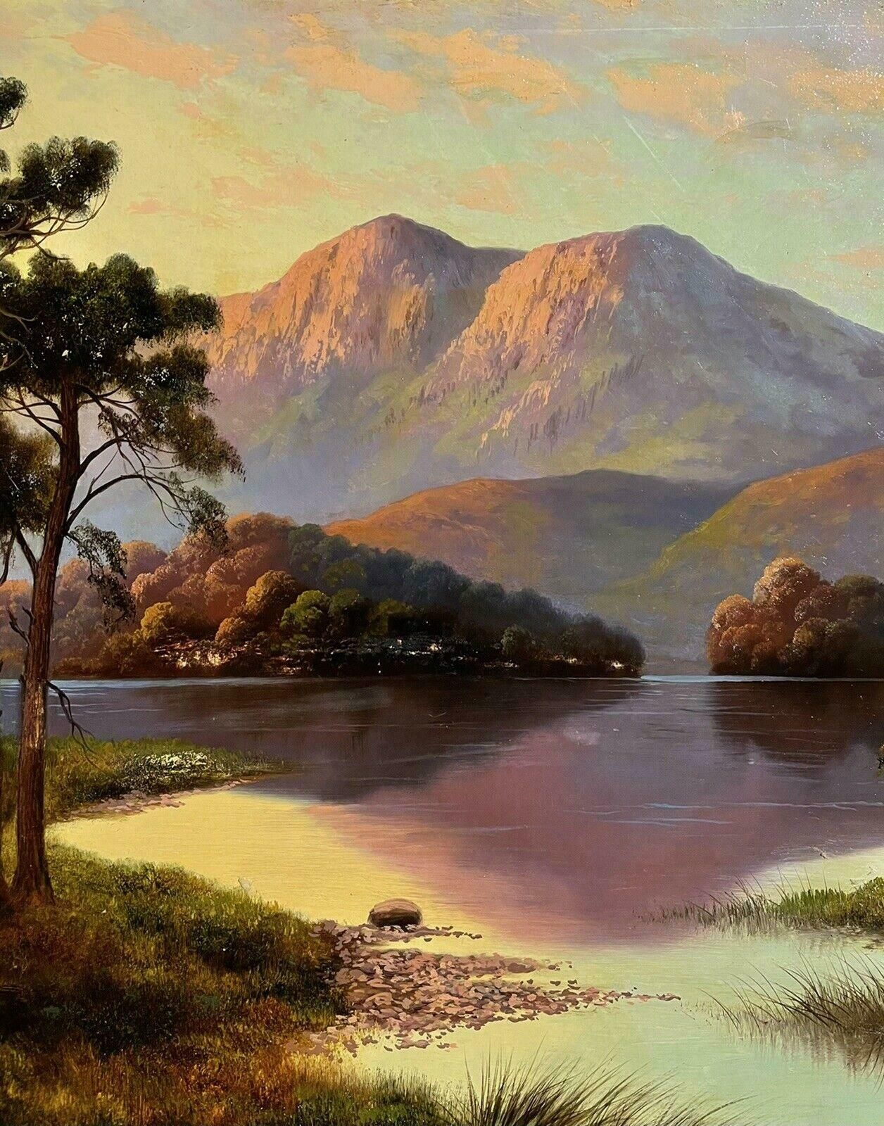 Antique Britishhighland Loch Scene At Sunset, Beautiful Tranquil Water, Antique Oil Painting photo Art