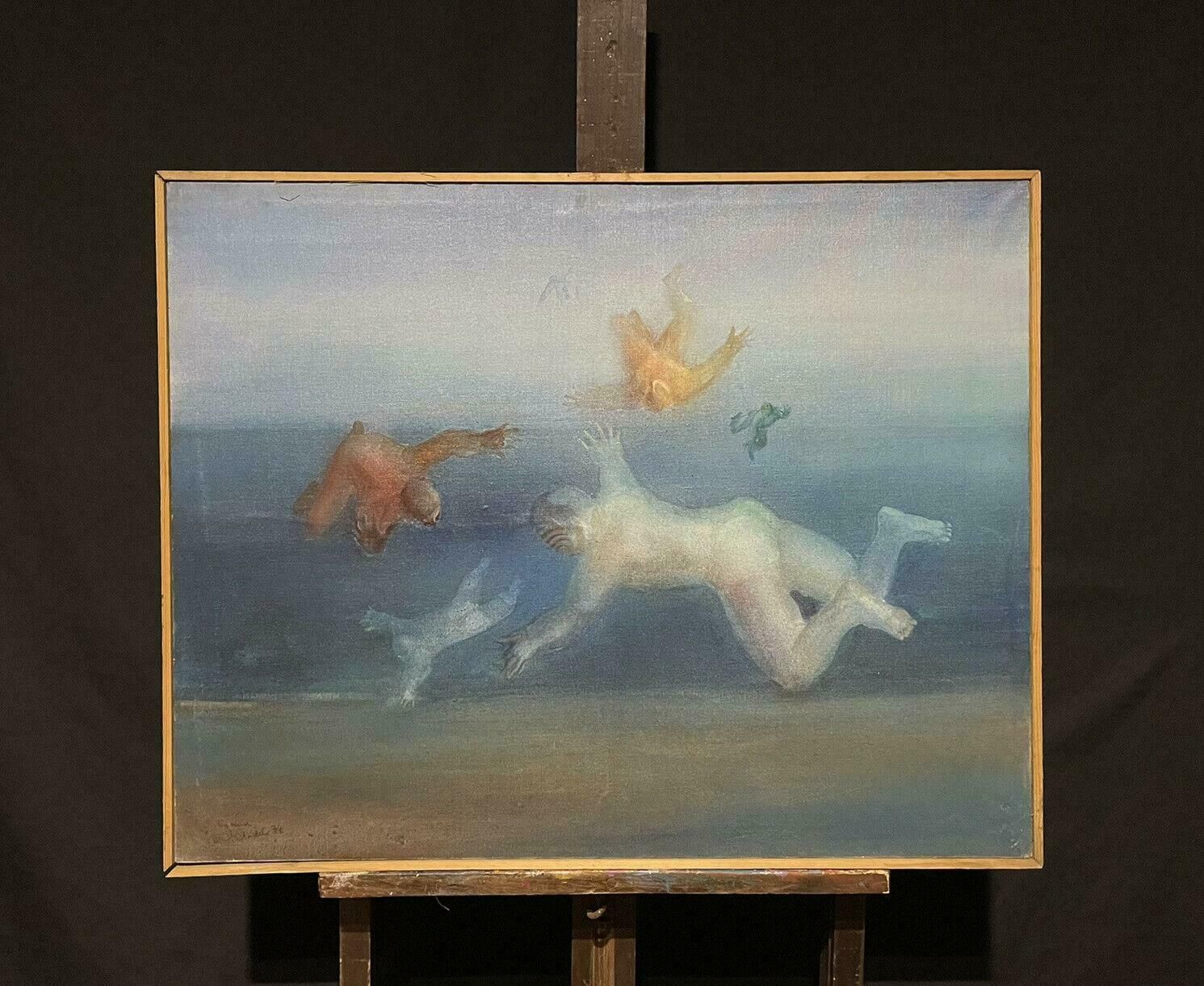 Unknownhuge 1970's French Surrealist Signed Oil Floating Figures In The Sky
