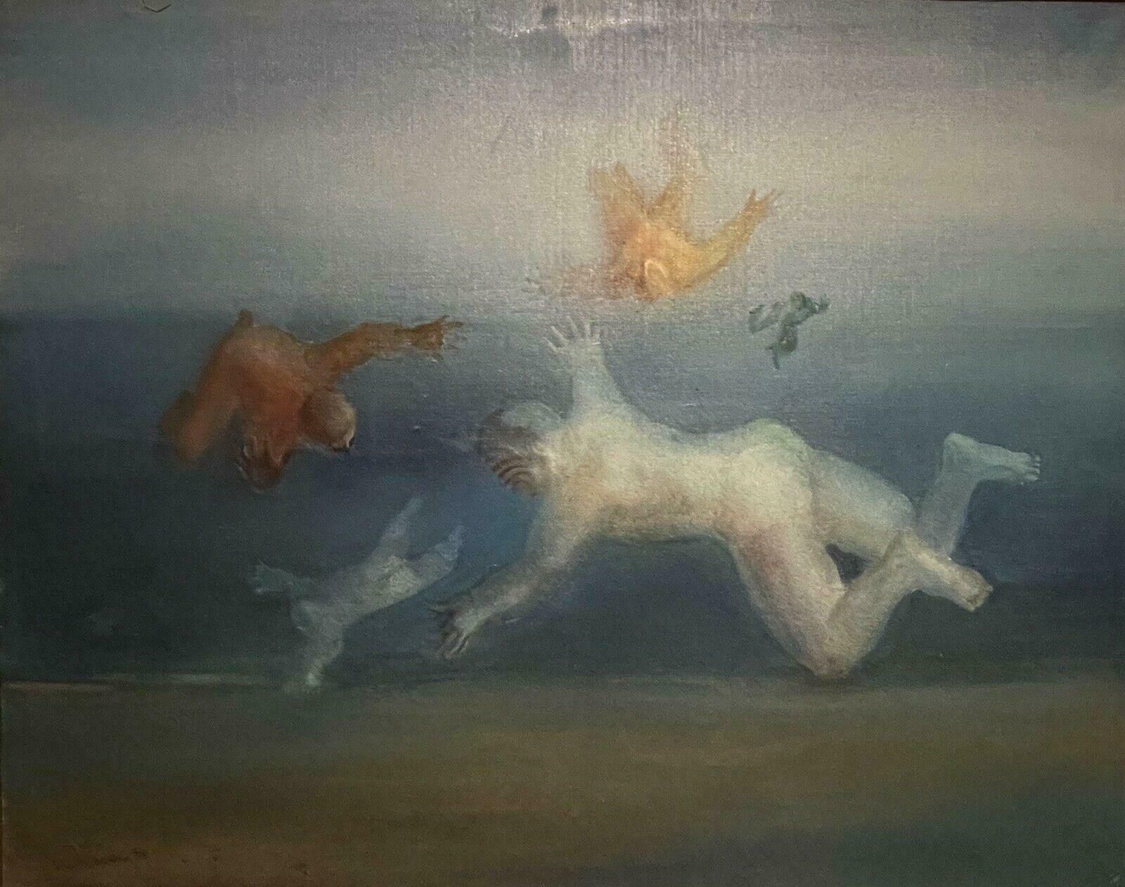 Unknownhuge 1970's French Surrealist Signed Oil Floating Figures In The Sky photo furniture