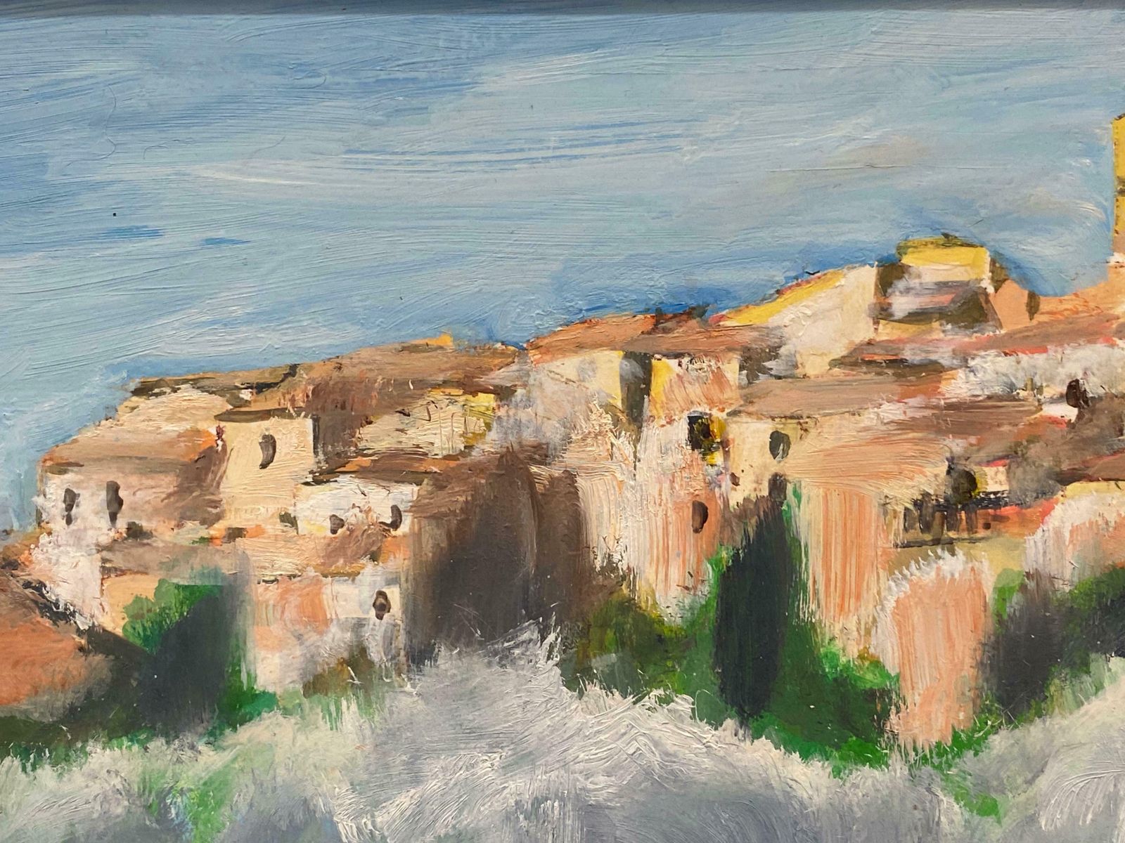 Spanish Oilsun Scorched Spanish Hill Top Perched Village, Signed Oil Painting photo Art