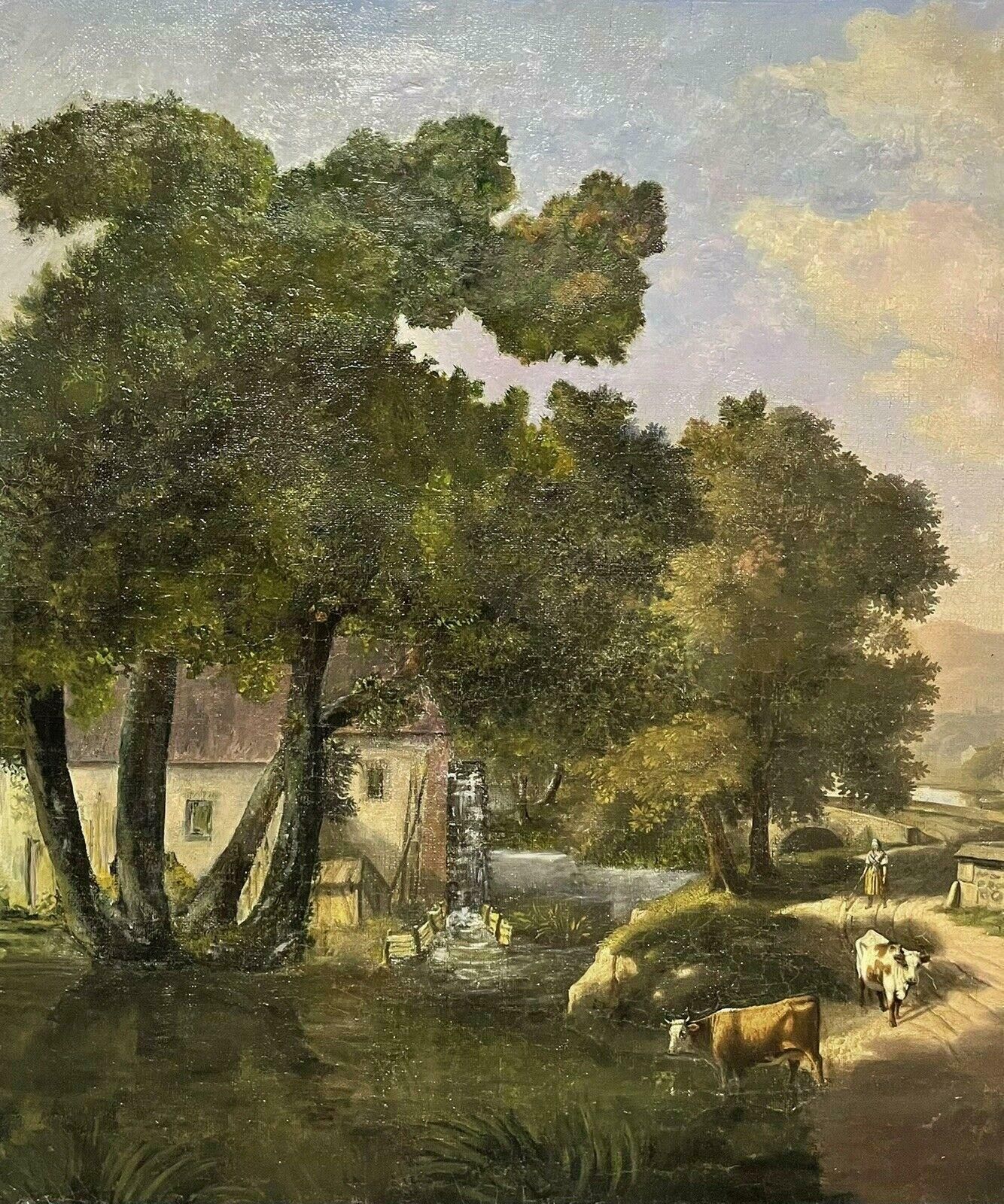 Unknownearly 19th Century French Oil Cattle Being Driven Through Old Village Street photo for sale