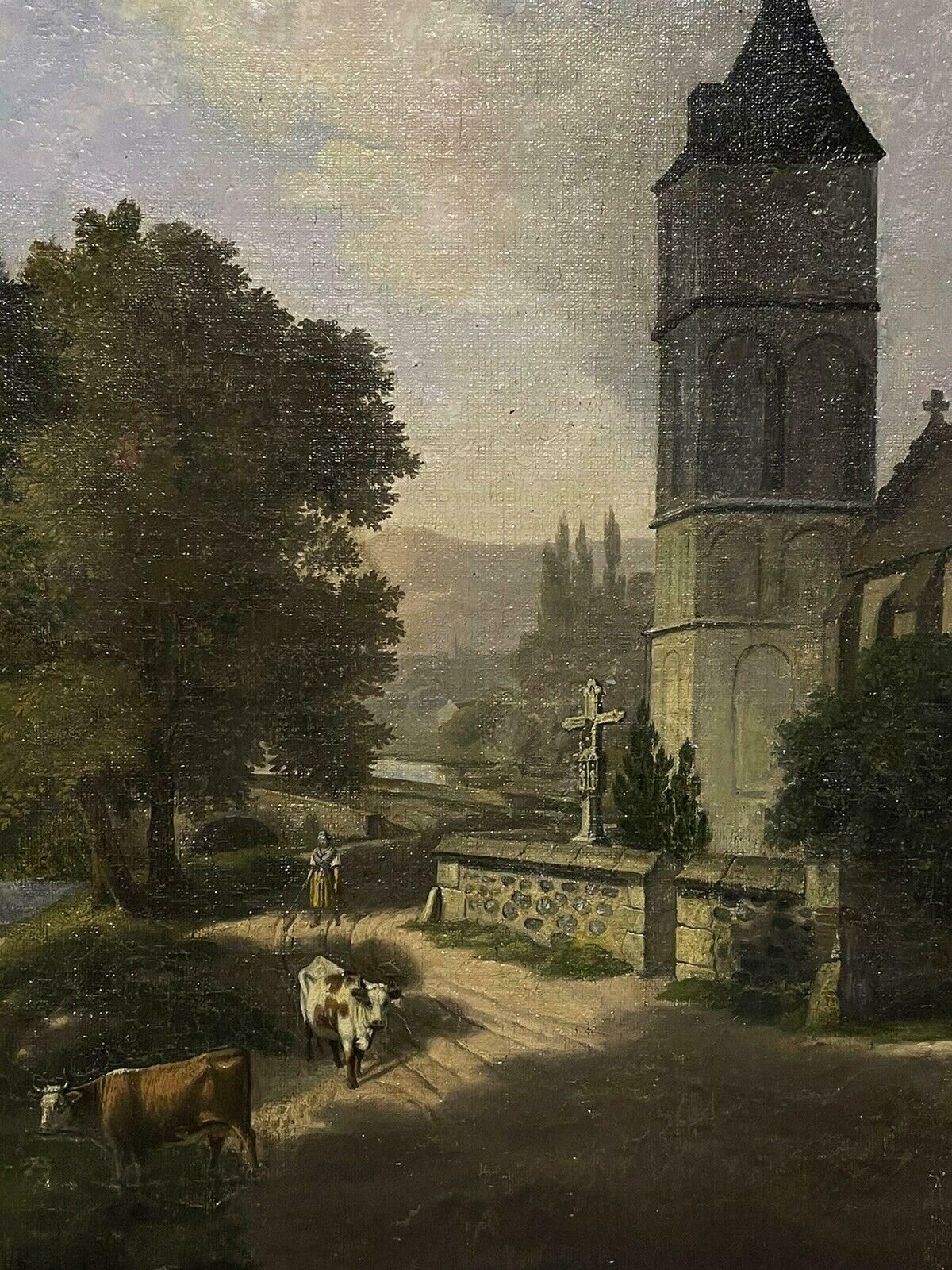 Unknownearly 19th Century French Oil Cattle Being Driven Through Old Village Street photo Art