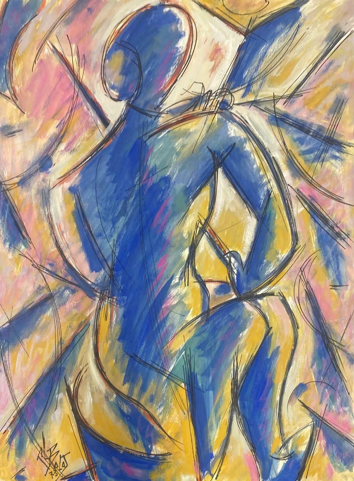 Unknown French Modernist Painting Blue And Pink Abstract Of String Musician  1973