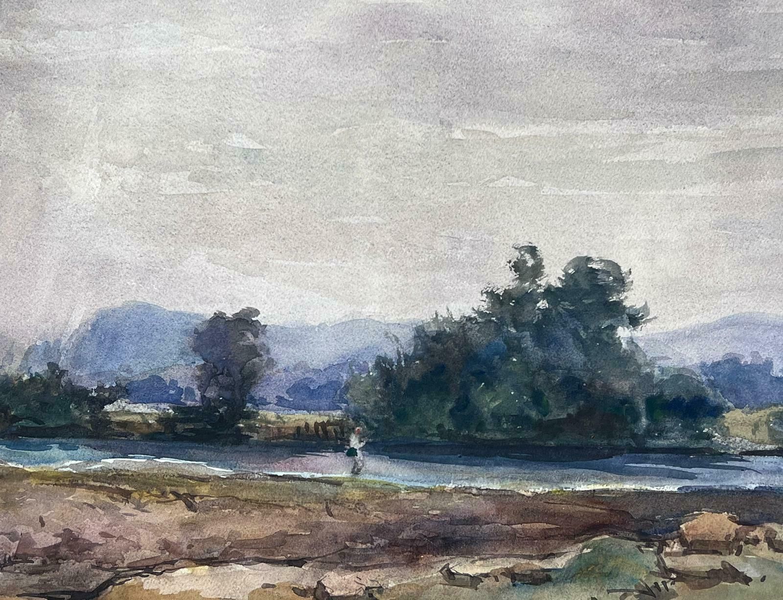 Jean Laforguemid 20th Century French Signed Painting Grey Clouds Over Fishing Lake photo 608.0