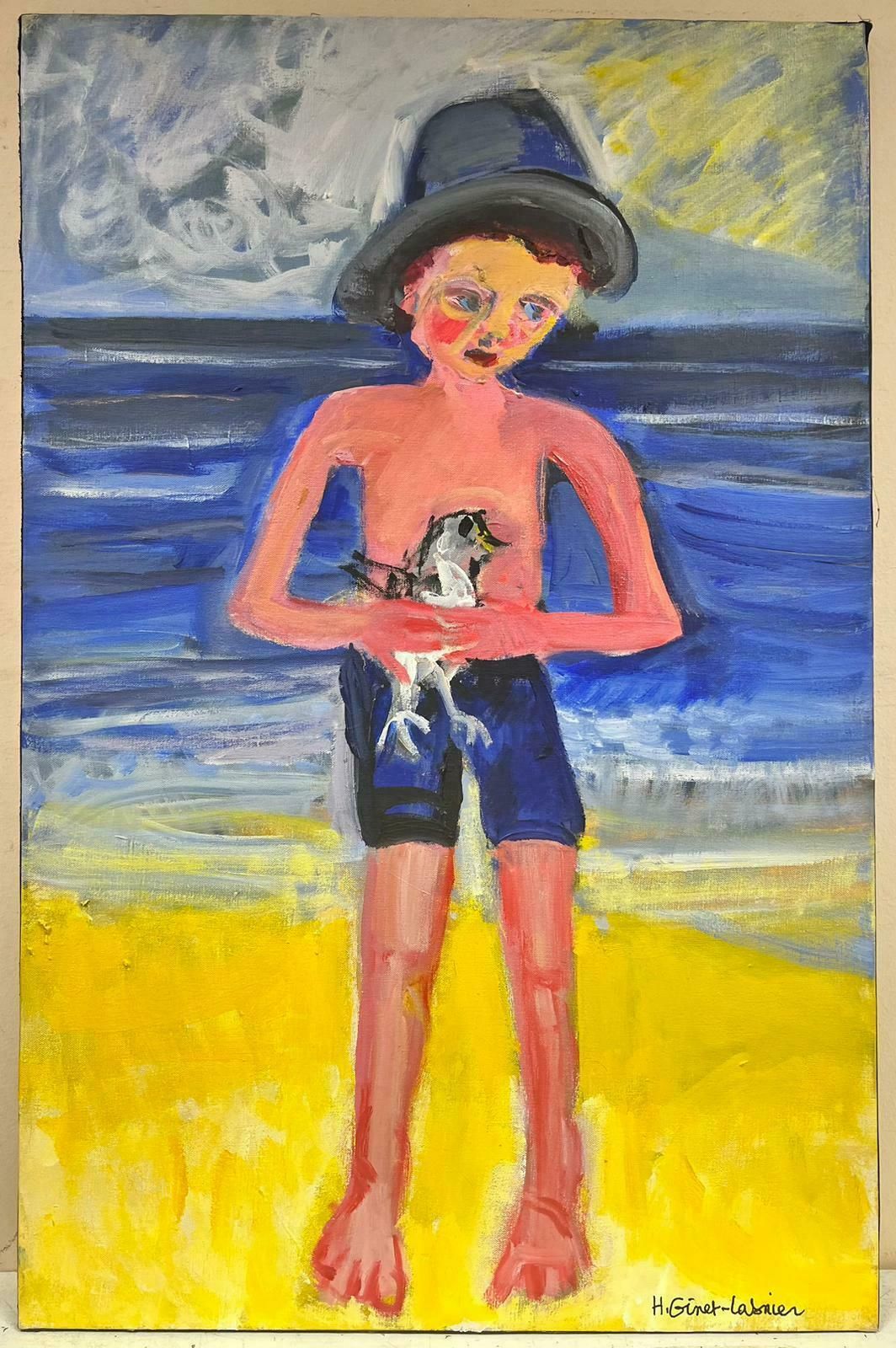 Huguette Ginet Lasnier Boy On Beach Holding Bird French Modernist Contemporary Oilc. 2000's photo furniture