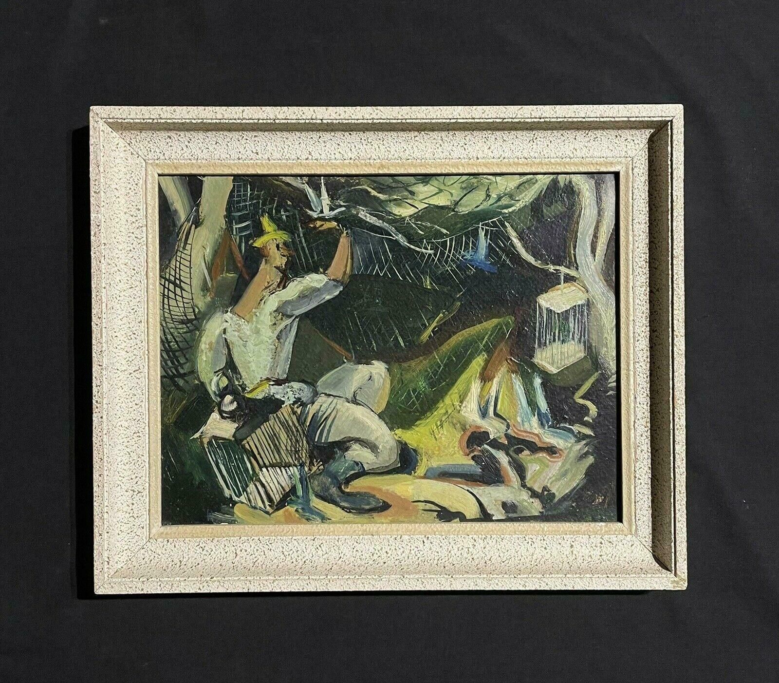 Unknown1950's French Modernist Oil Figure With Bird Cages In Abstract Setting1950's photo furniture