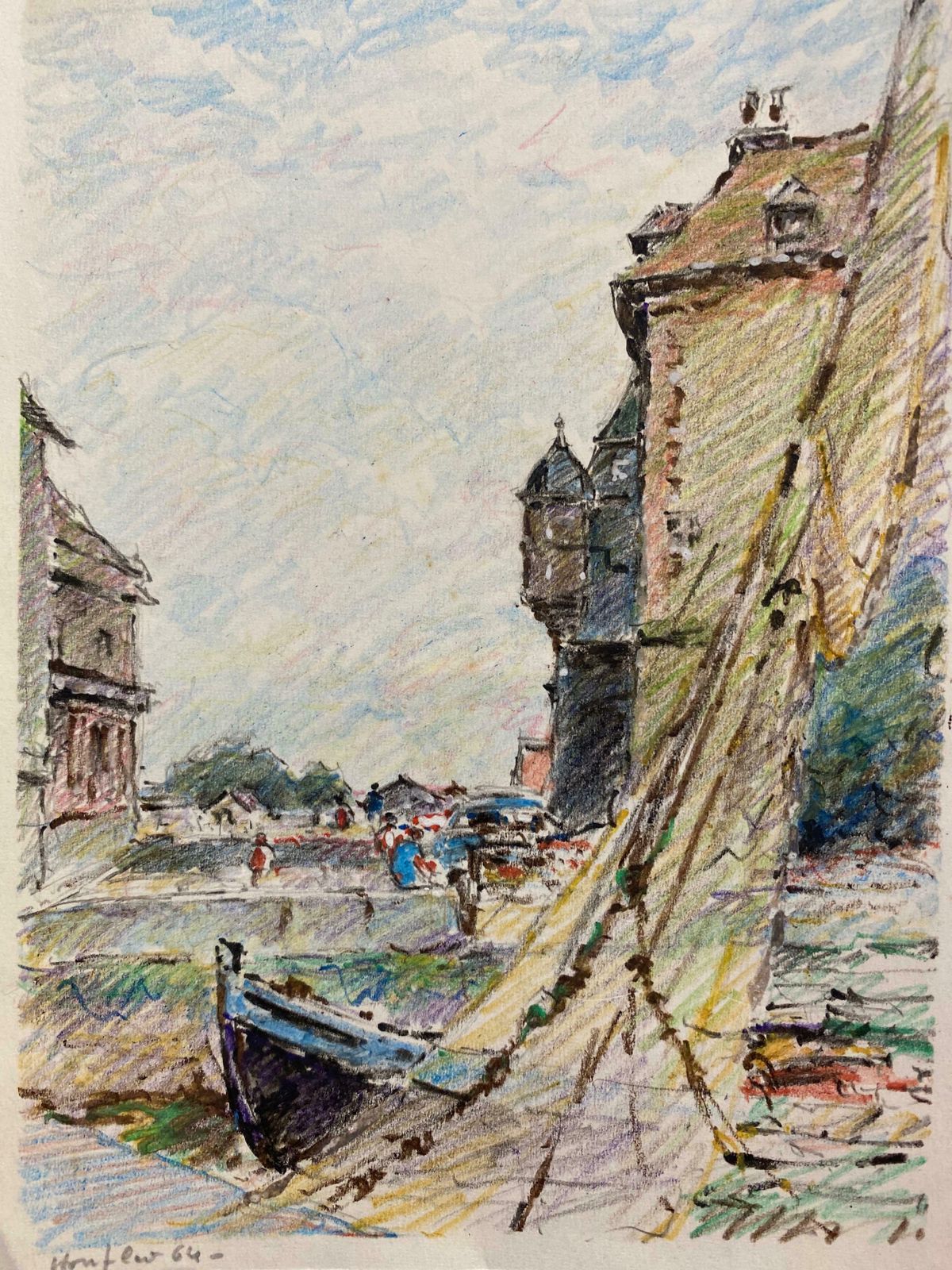 Camille Meriothonfleur French Signed Impressionist Crayon Drawing  Vintage Sailing Scenec. 1940's