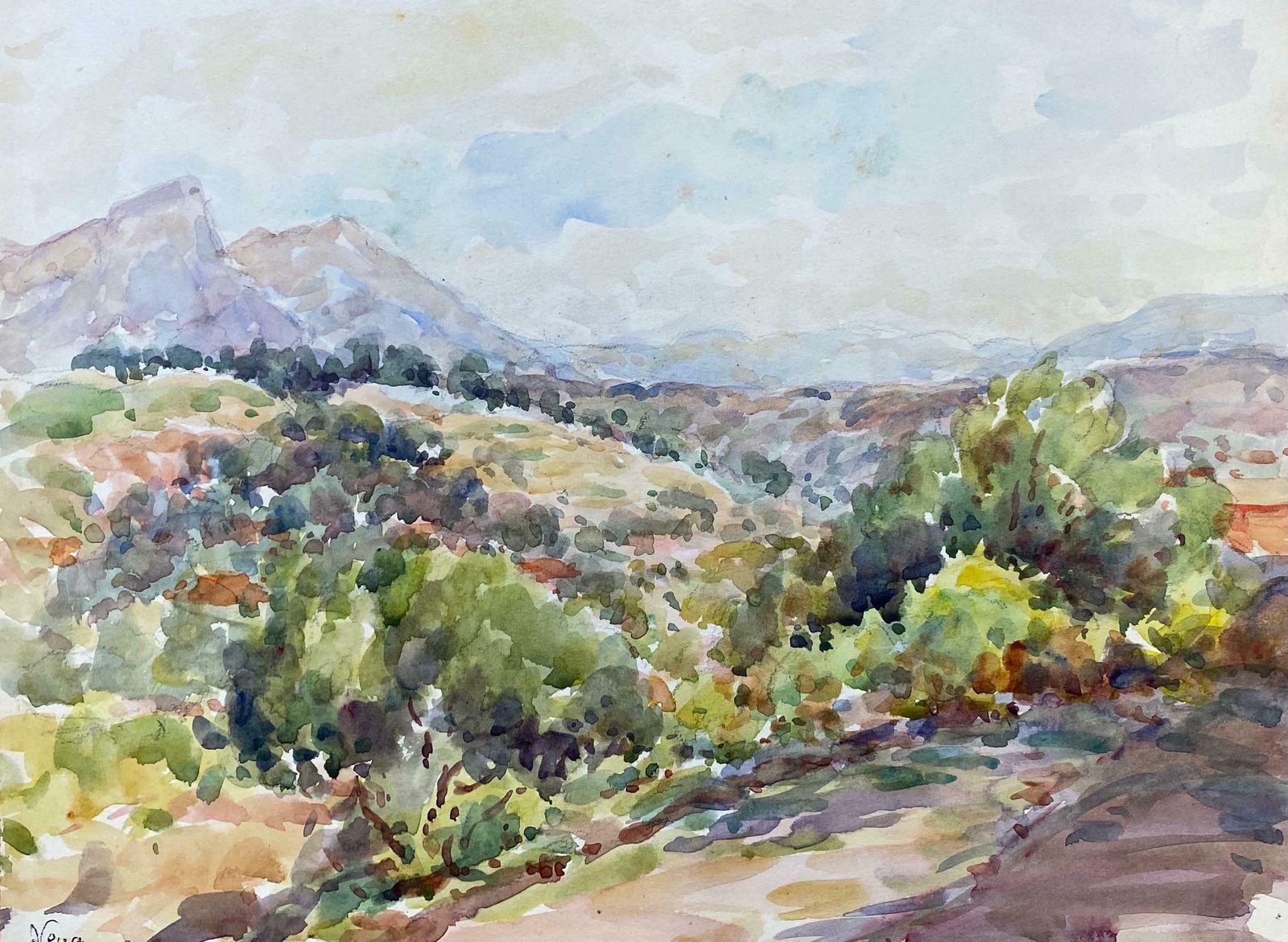 Camille Meriotvence French Signed Watercolour Painting   Open Bright Landscapec. 1940's