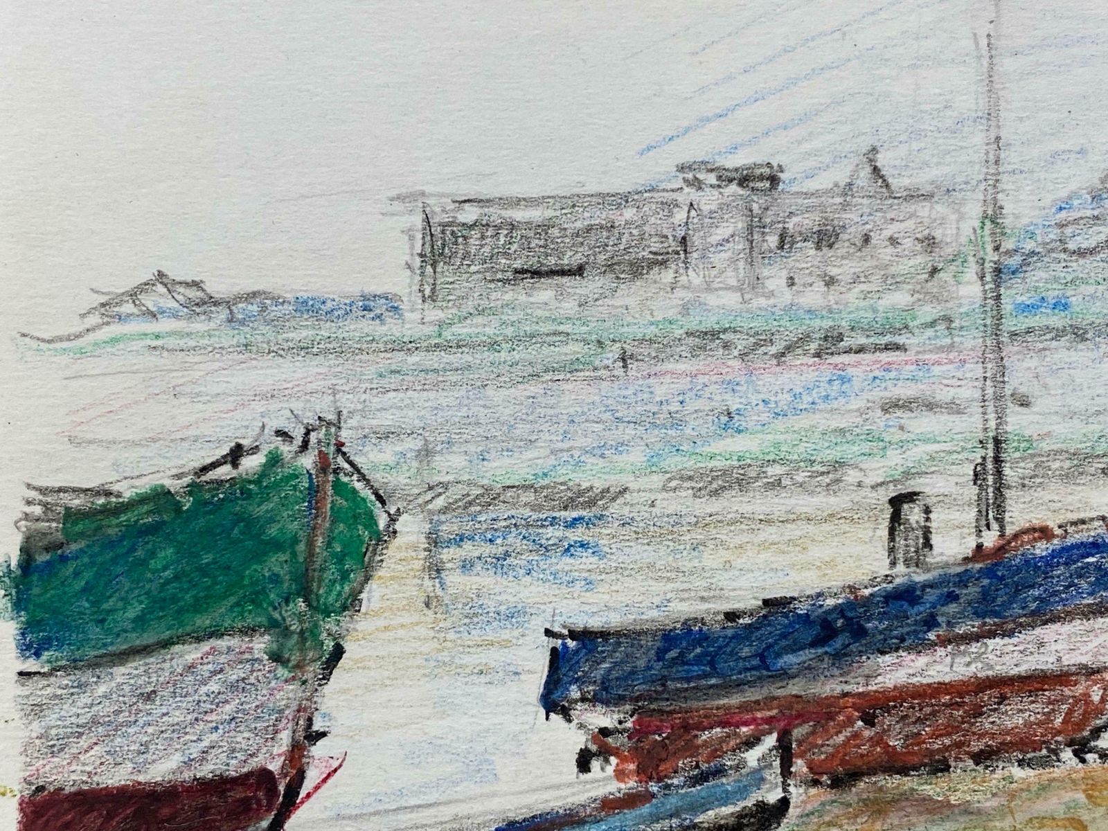 Camille Meriotcamille Meriot French Signed Impressionist Crayon Drawing   Atmospheric Boats C. 1940's photo Art