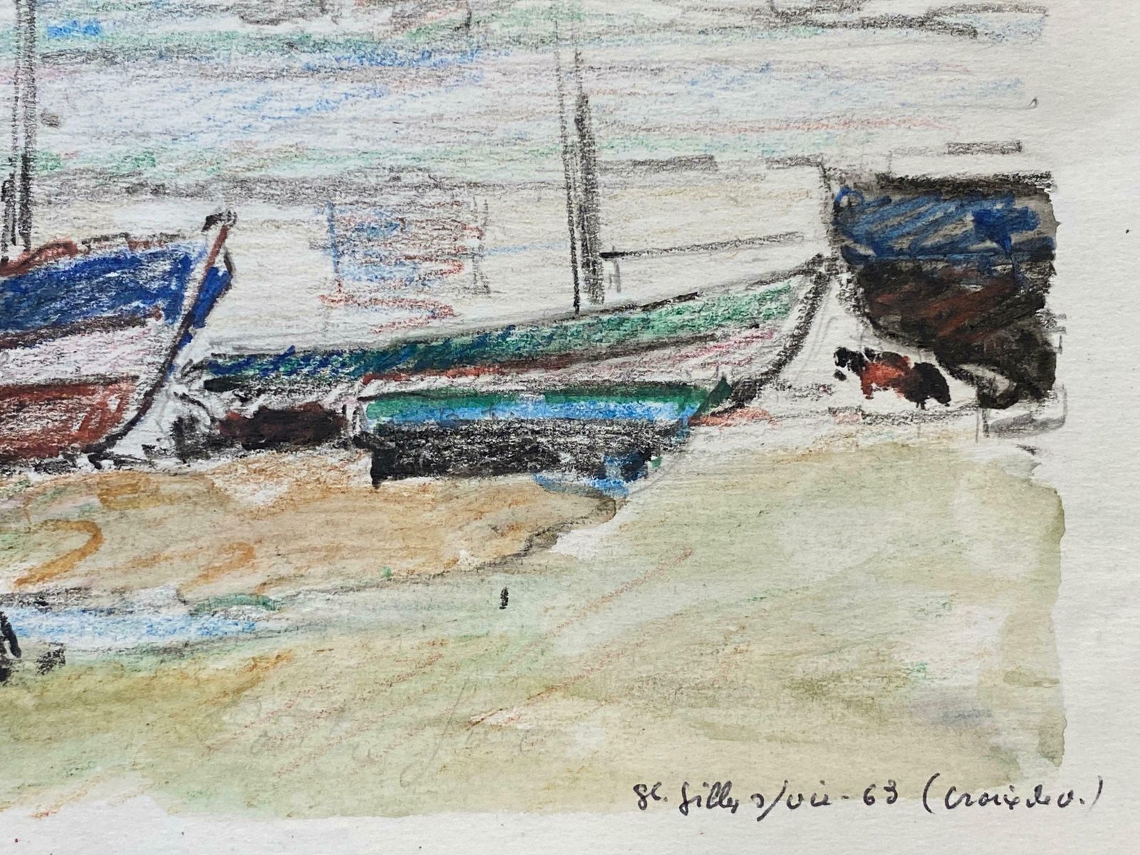 Camille Meriotcamille Meriot French Signed Impressionist Crayon Drawing   Atmospheric Boats C. 1940's photo vinterior