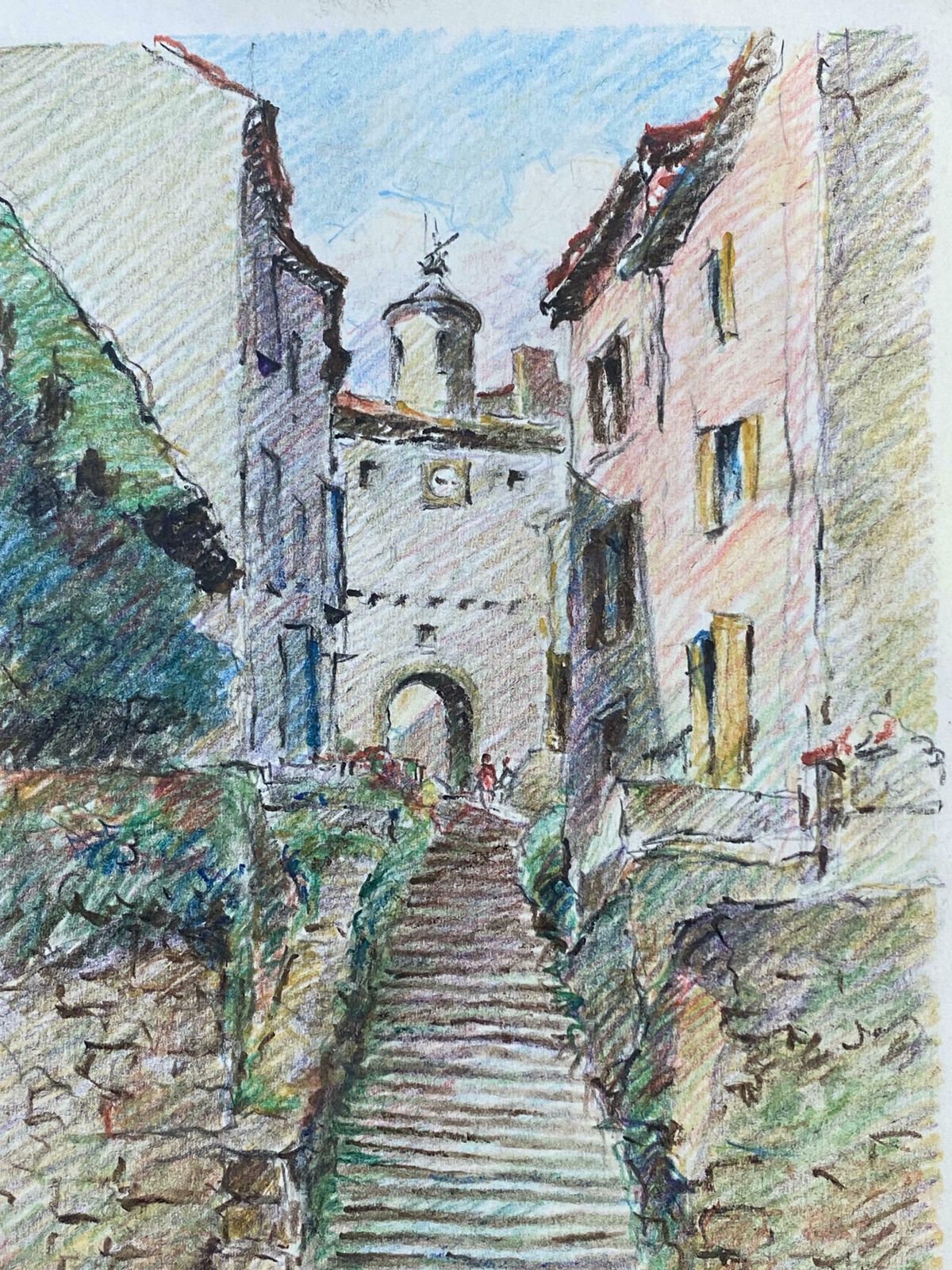 Camille Meriotprovence Hill Top Town French Impressionist Crayon Drawingc. 1940's photo for sale