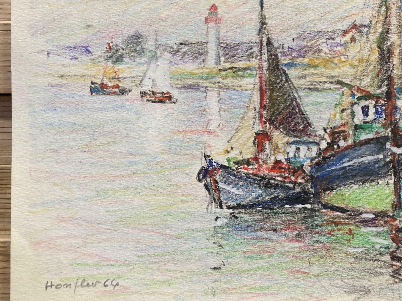 Camille Meriotbrittany Fishing Boats In Harbour, French Signed Impressionist Crayon Drawingc. 1940's photo Art