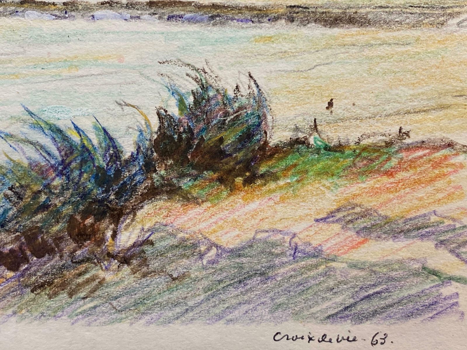 Camille Meriotvintage French Signed Impressionist Crayon Drawing Brittany Coastline Seascapec. 1940's photo 281.0