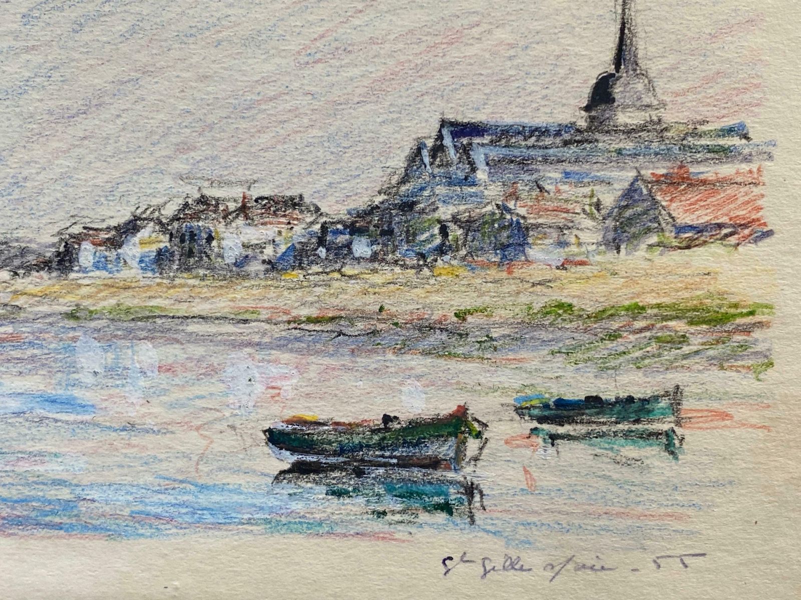 Camille Meriotvintage French Signed Impressionist Crayon Drawing Brittany Coastline Boatsc. 1940's photo 383.0