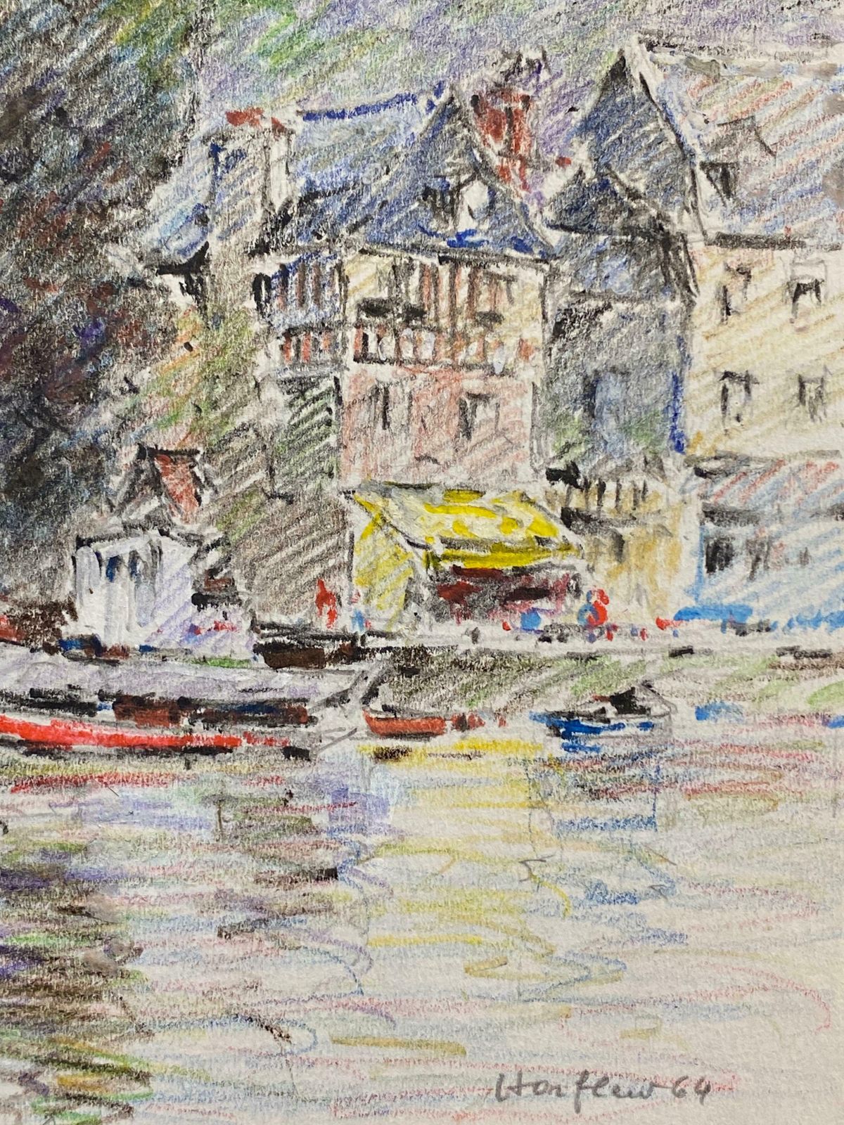 Camille Meriotantique French Signed Impressionist Crayon Drawing Boats In Honfleur Harbourc. 1940's photo for sale