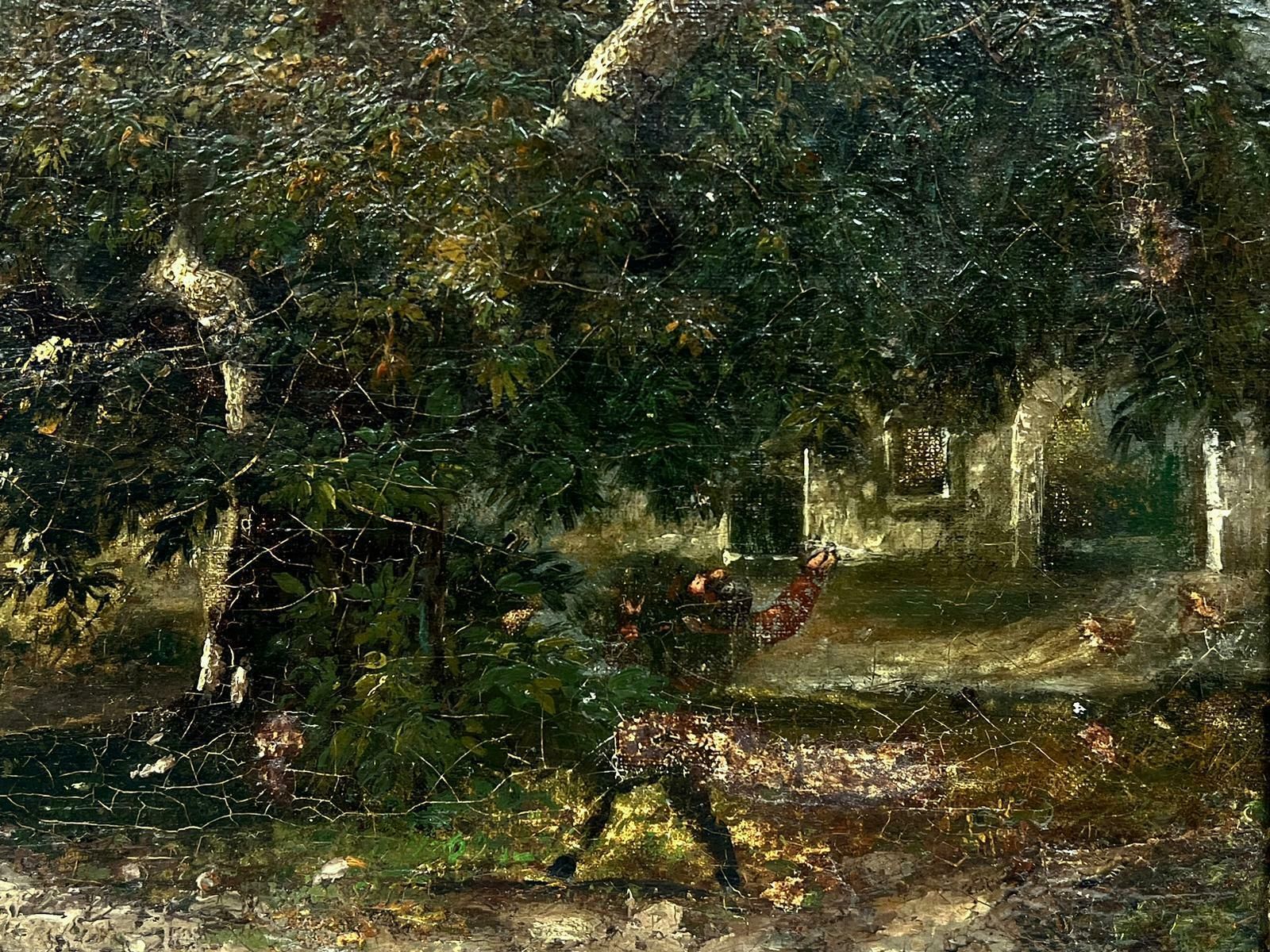 French School19th Century French Barbizon Oil Painting Figure In Woodland By Cottage photo 2043.0
