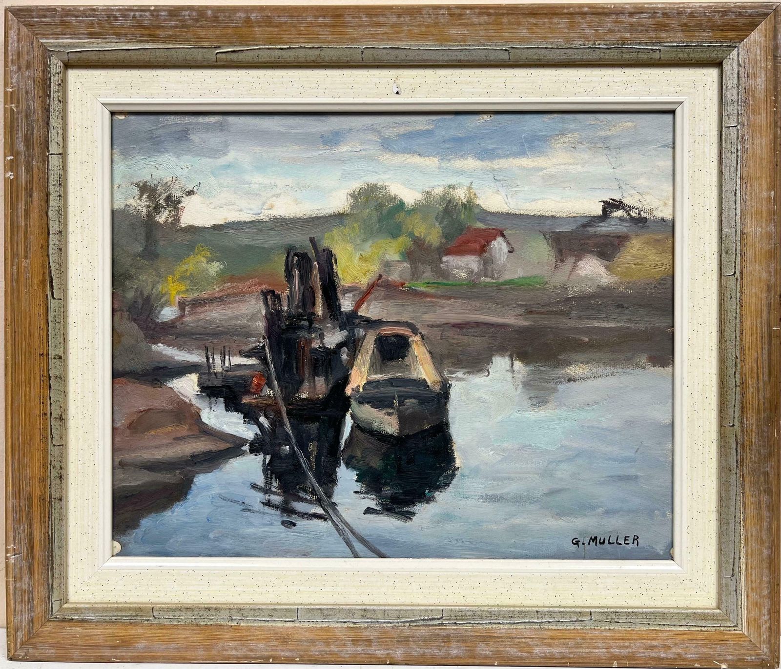 German Schoolmid 20th Century German Signed Oil Moody & Atmospheric Boats On River, Signed photo furniture
