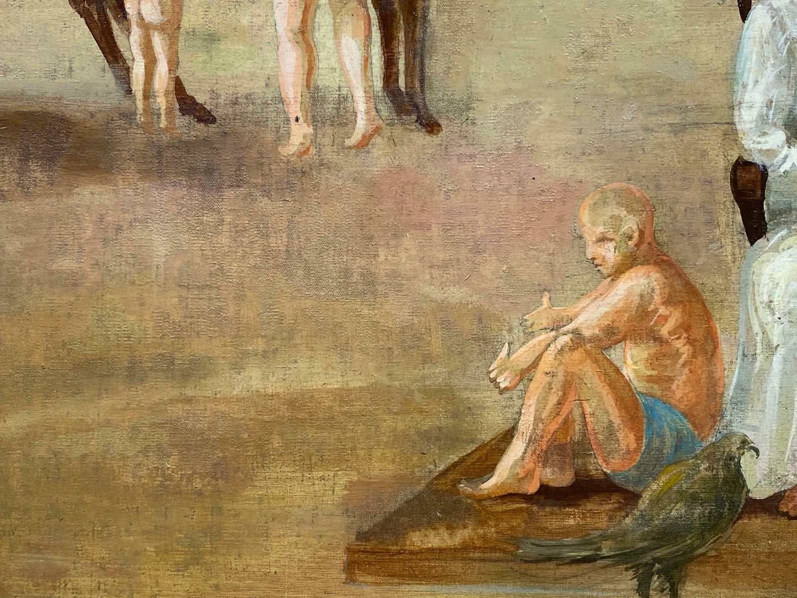 Andresfrench Surrealist Oil Painting Figurative Scene Family With Horse Landscapec. 1970s photo Art