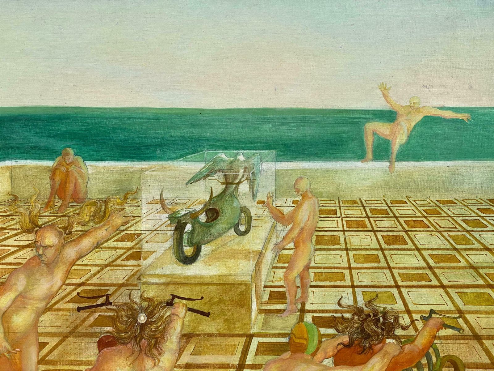 Andresfrench Surrealist Oil Painting Figurative Scene Male Nudes In Desertc. 1970s photo for sale