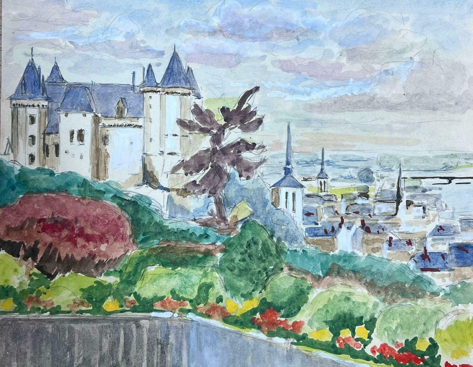Guy Nicod 20th Century French Modernist Painting Castle Overlooking French Town