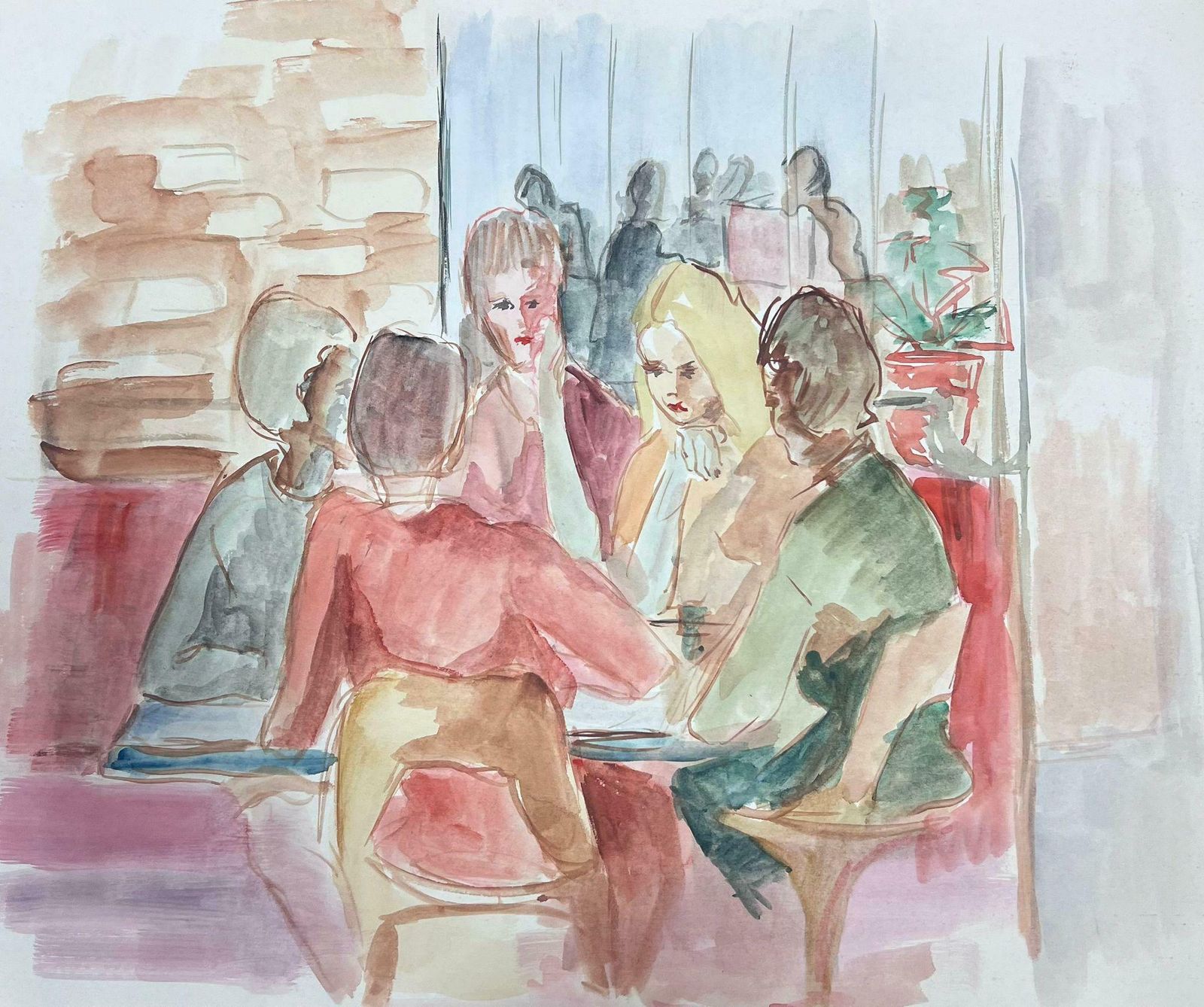 Guy Nicod French 20th Century Modernist Painting Female Figures Gossiping Watercolour photo furniture