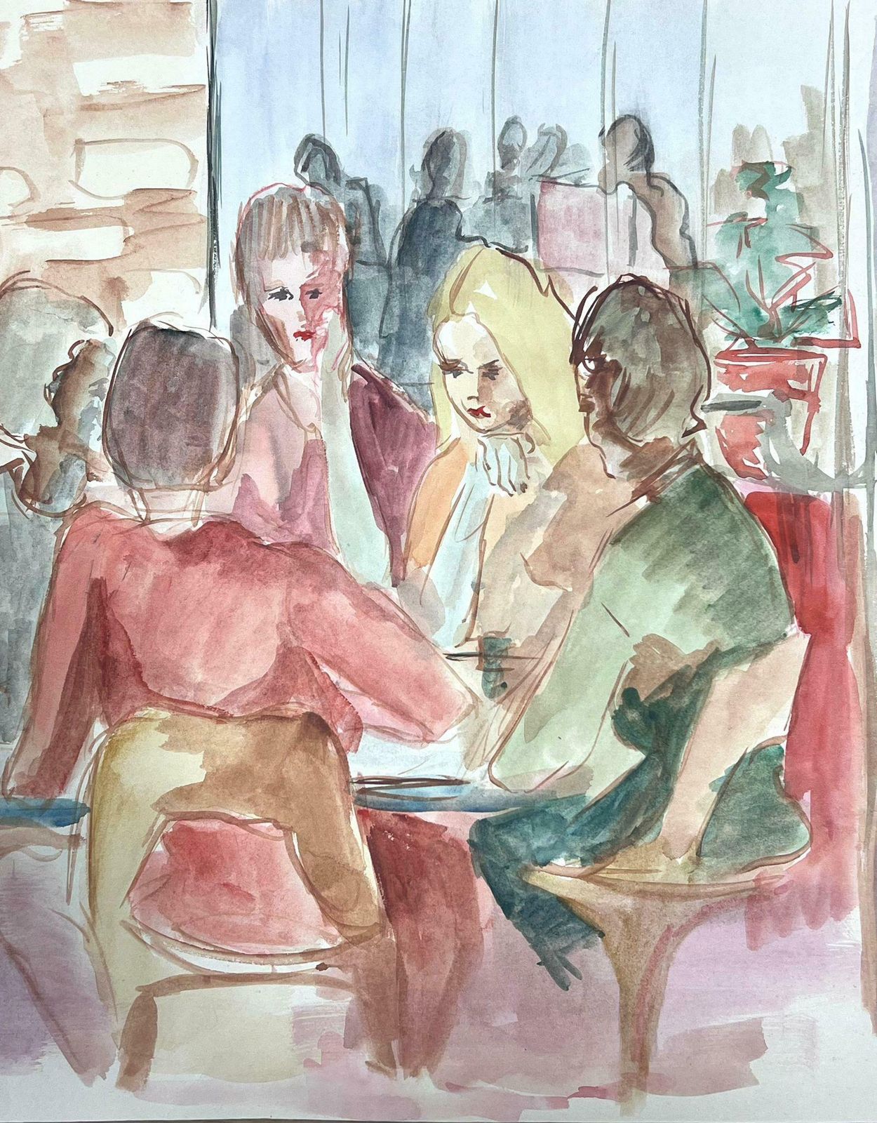 Guy Nicod French 20th Century Modernist Painting Female Figures Gossiping Watercolour photo 1022.0