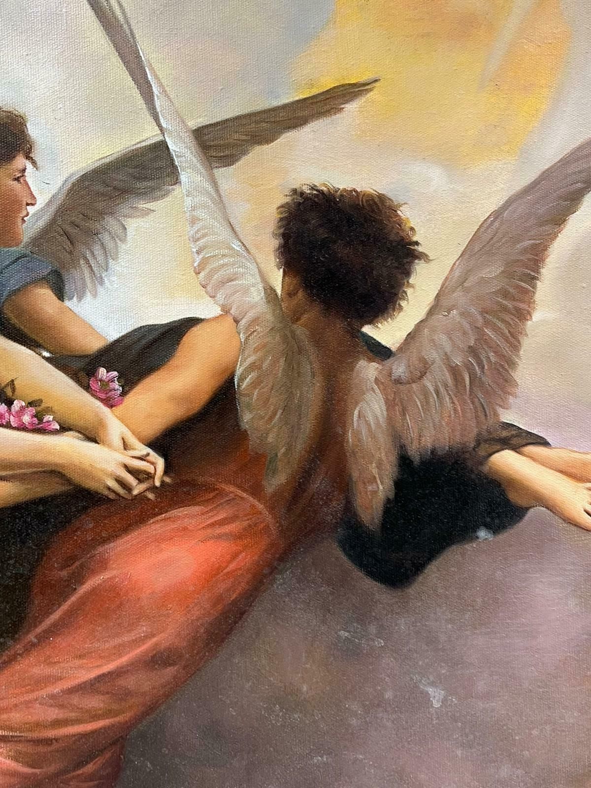 Classicallarge Mythological Classical Oil Painting Winged Angels With Naked Figure In Sky photo vinterior