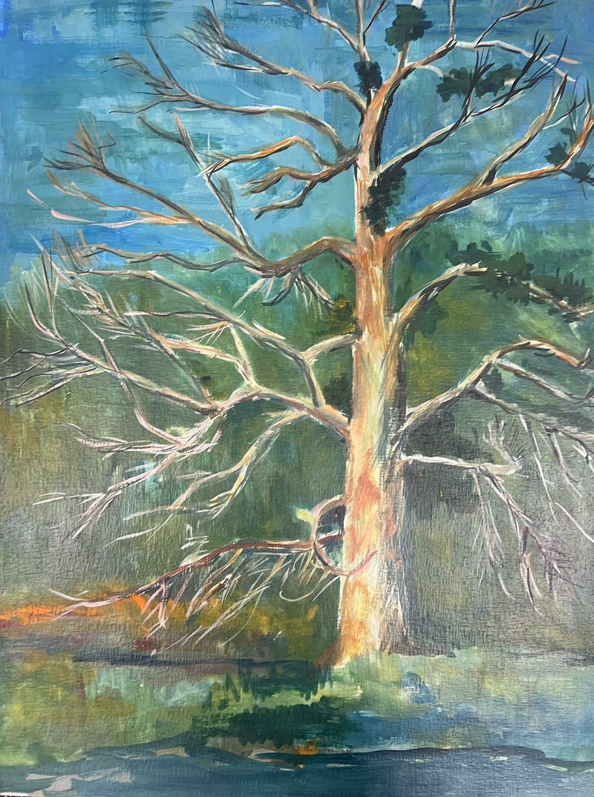 Bernard Labbe20th Century Modernist Painting Bare Tall Tree Over River Bank Landscape1950's