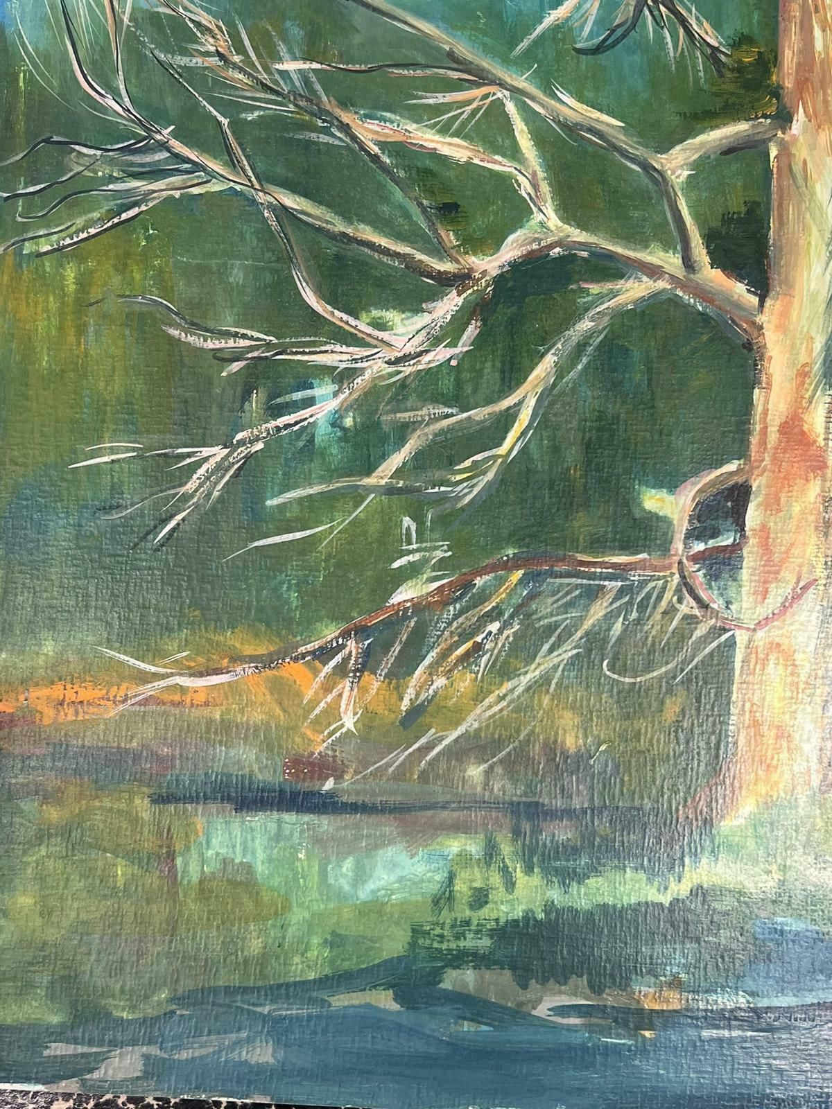 Bernard Labbe20th Century Modernist Painting Bare Tall Tree Over River Bank Landscape1950's photo for sale