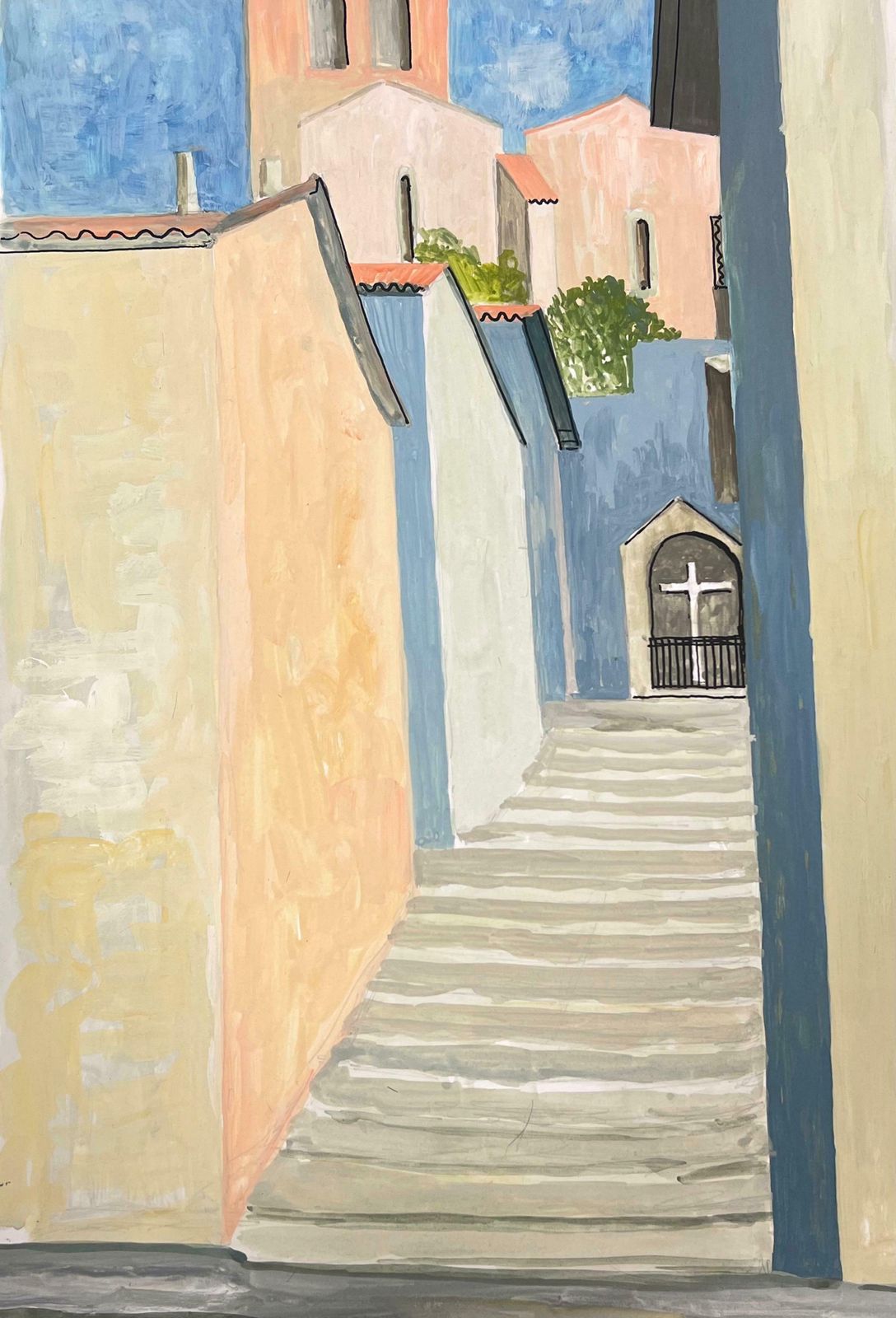 Bernard Labbe20th Century Modernist Painting Steps Leading To Church1950's photo furniture
