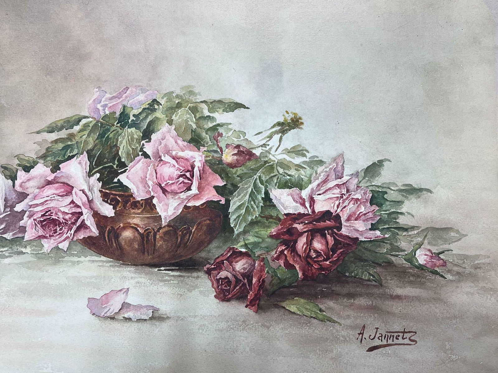 French Schoolvintage Antique French Painting Still Life Roses Next To Bowl photo Art