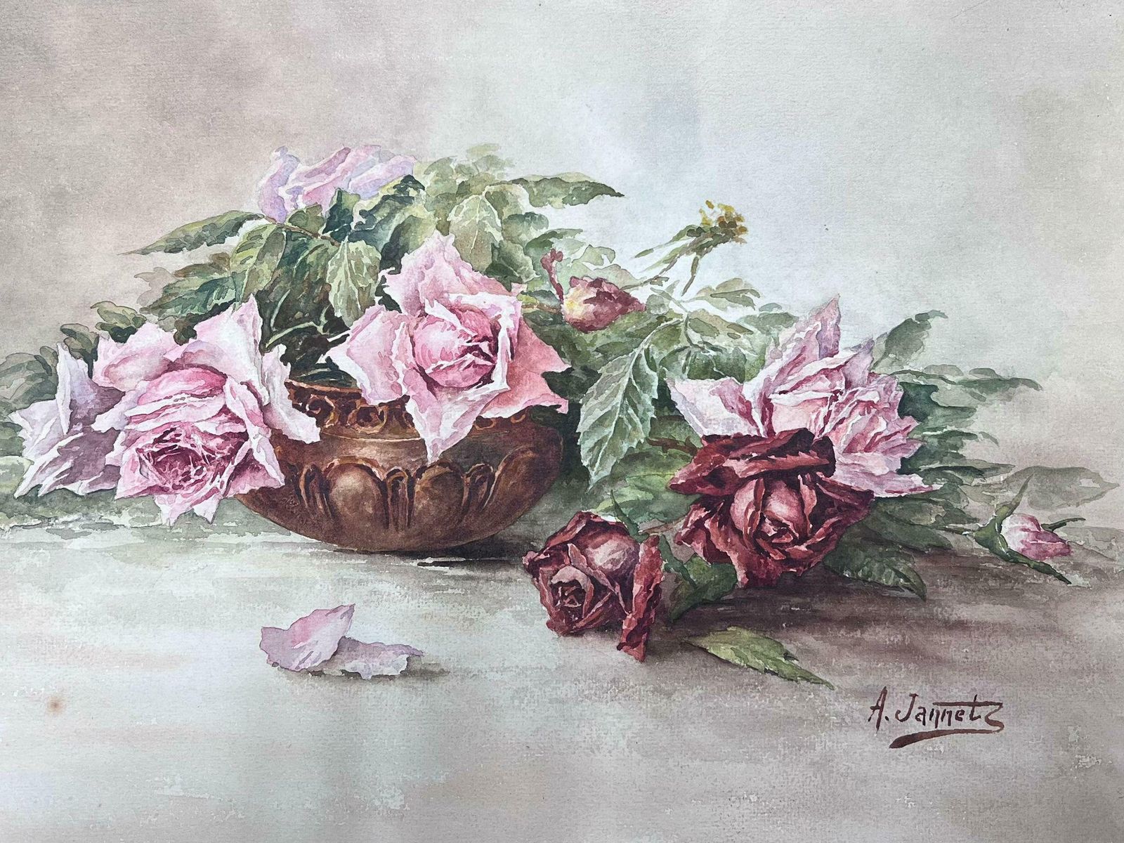 French Schoolvintage Antique French Painting Still Life Roses Next To Bowl photo 495.0