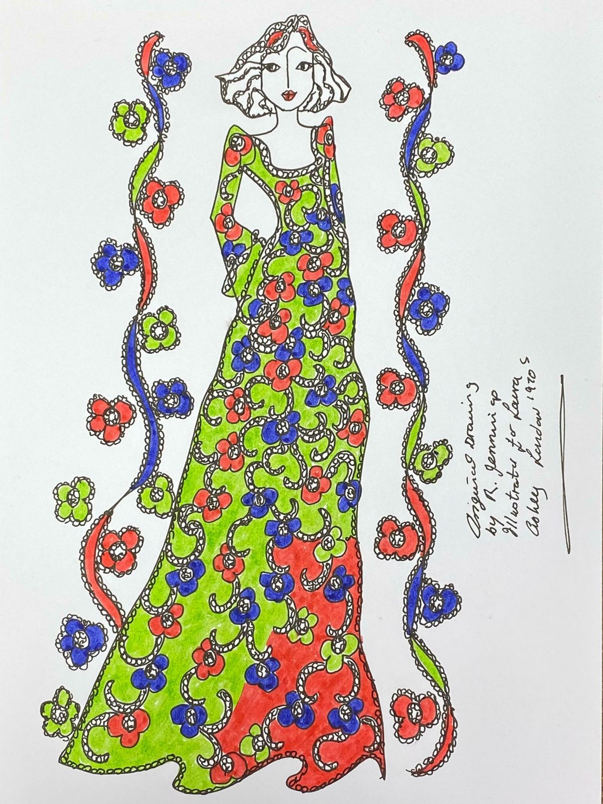 Roz Jenningsoriginal Fashion Design Illustration Watercolor Painting Laura Ashley Designerc. 2000's photo furniture