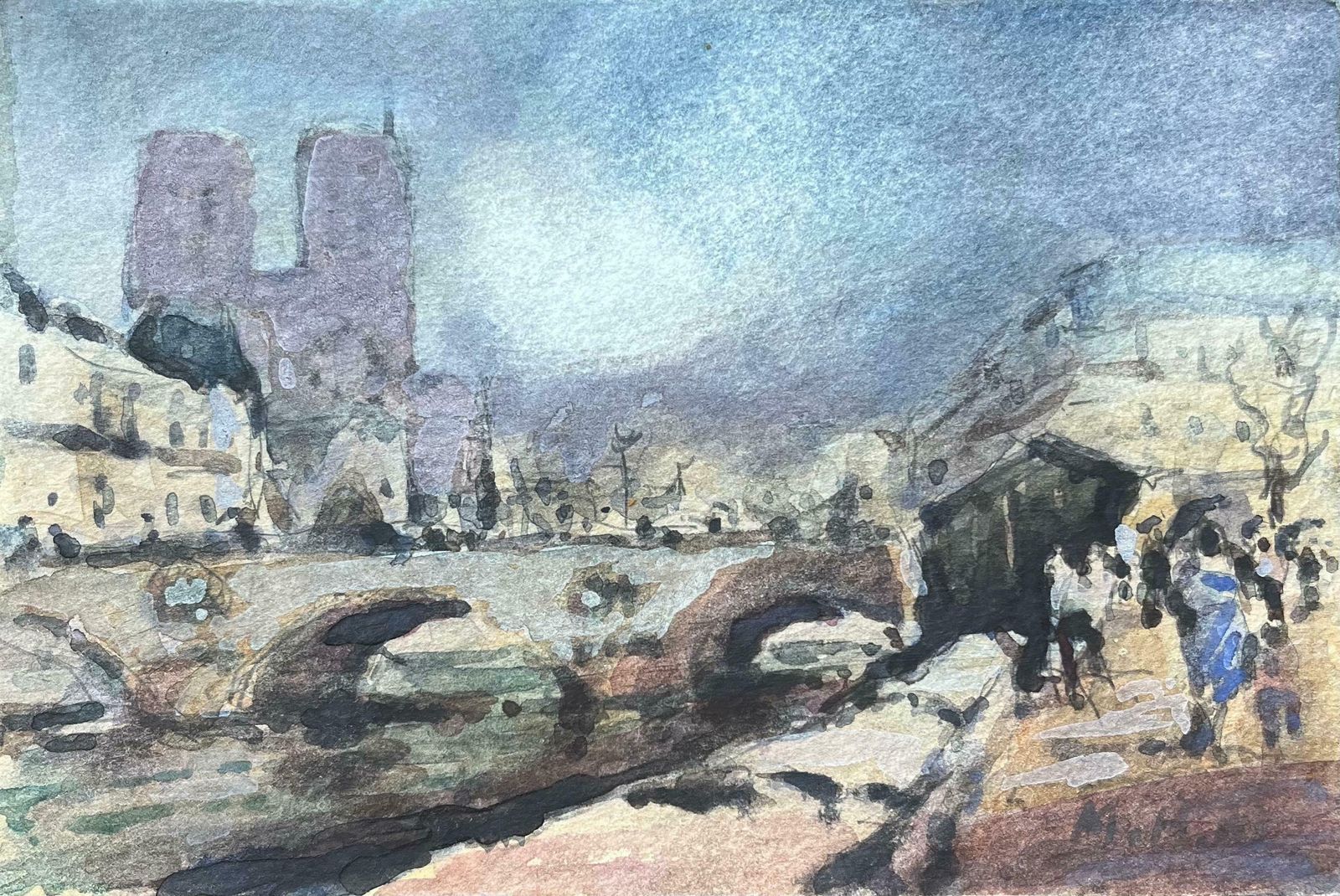 Maurice Mazeiliefrench Impressionist Watercolor Of Notre Dame And The Parisian Riverbank20th Century