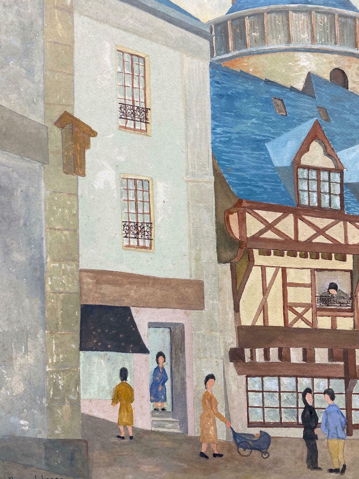 Bernard Labbe1950's Modernist Signed Painting    Figures In French Town1950's photo furniture