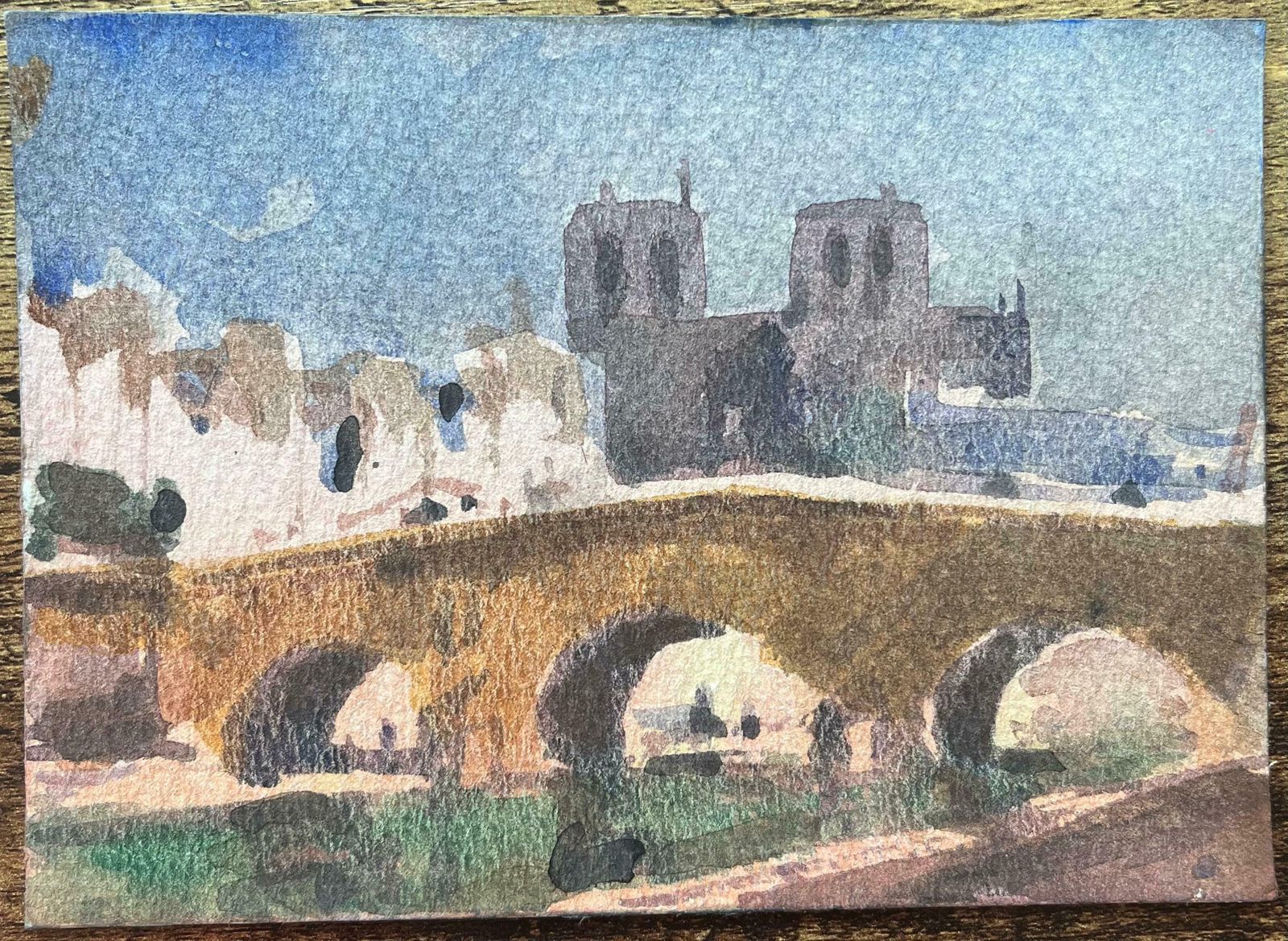 Maurice Mazeiliefrench Impressionist Watercolor Of Paris Riverbank Scene Notre Dame And Bridge20th Century photo furniture