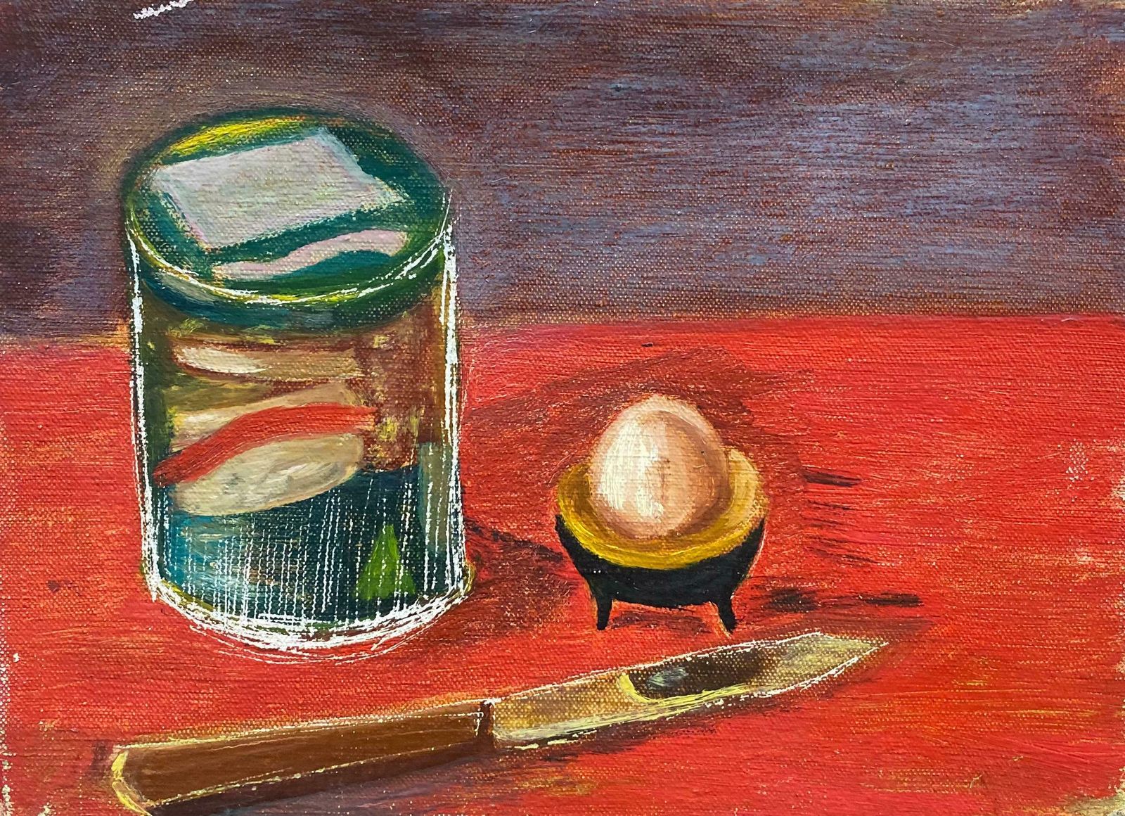 Unknownvintage French Modernist Oil   Still Life Kitchen Objects On Red Table