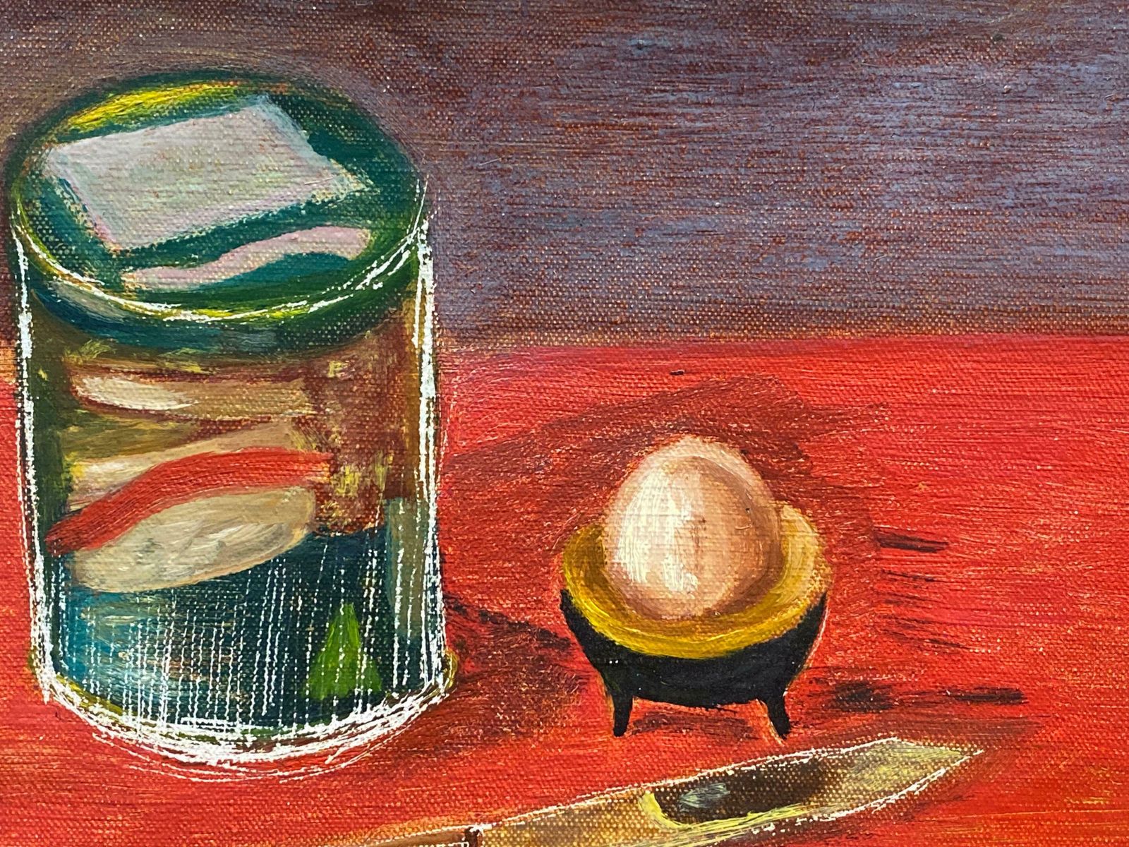 Unknownvintage French Modernist Oil   Still Life Kitchen Objects On Red Table photo furniture