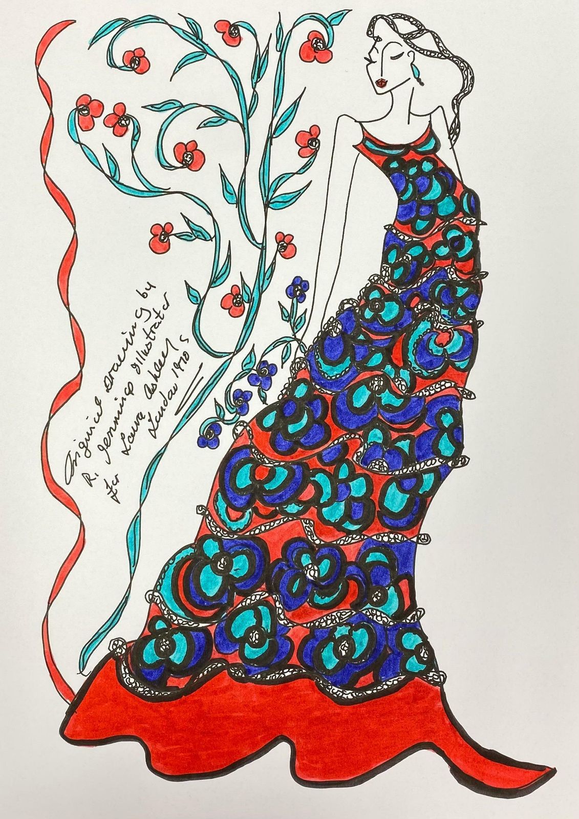Roz Jenningsoriginal Fashion Design Illustration Watercolor Painting Laura Ashley Designerc. 2000's