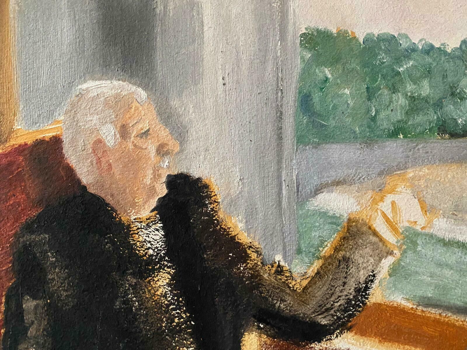Genevieve Zondervan (1922 2013)genevieve Zondervan (1922 2013) French Oil Painting   Man Looking Out Of Windowc. 1990's photo for sale
