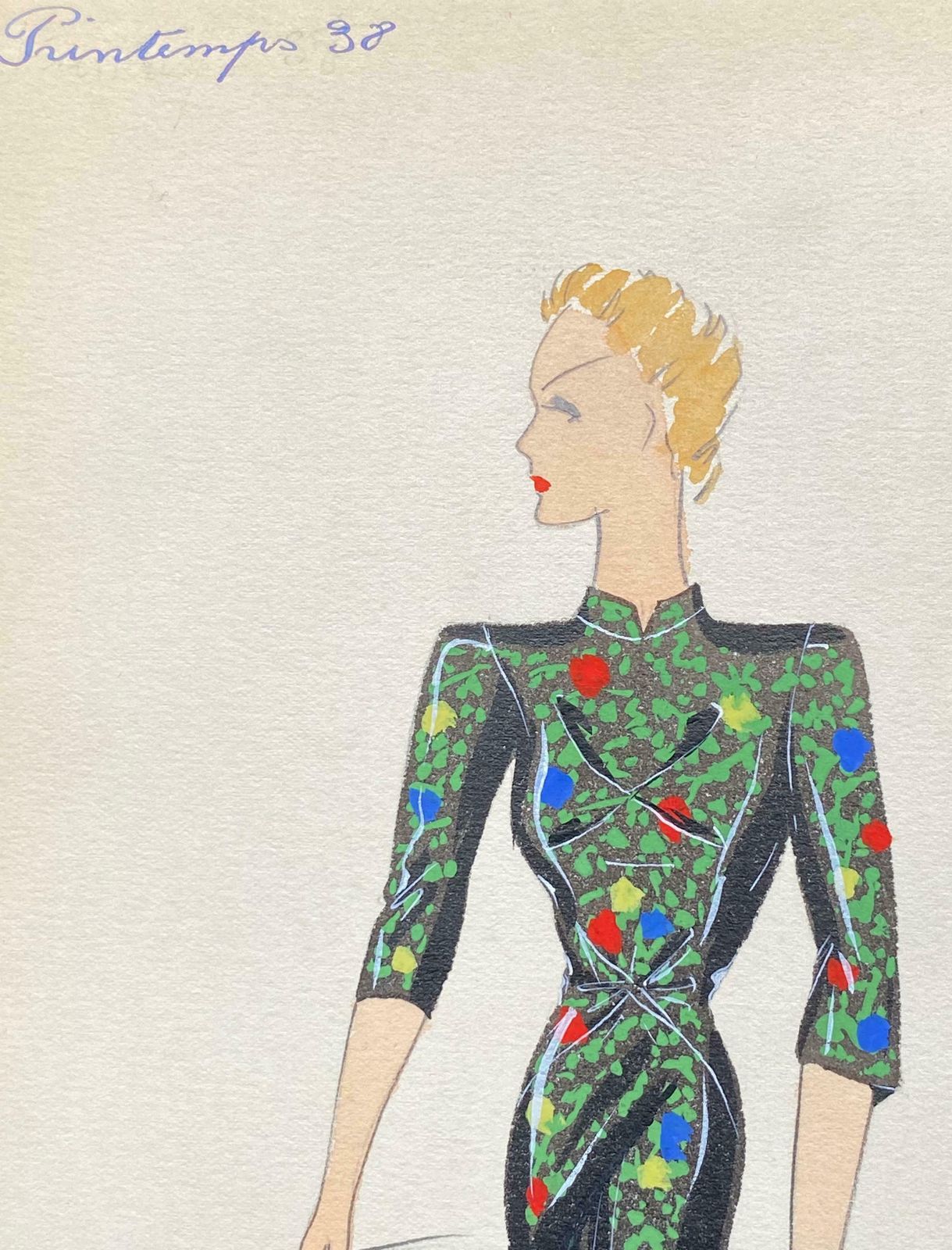 Unknown1930's Original Parisian Fashion Illustration Watercolor Black Oriental Dressc. 1930's photo vinterior