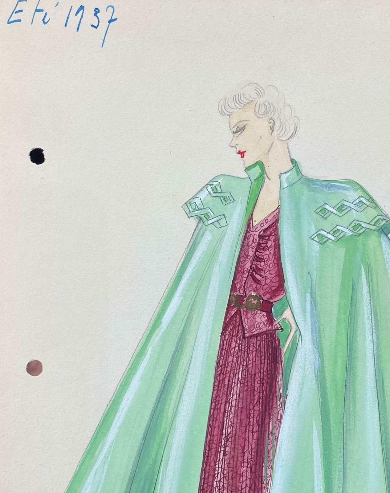 Unknown1930's Original Parisian Fashion Watercolor Burgandy Dress With Green Capec. 1930's photo 154.0