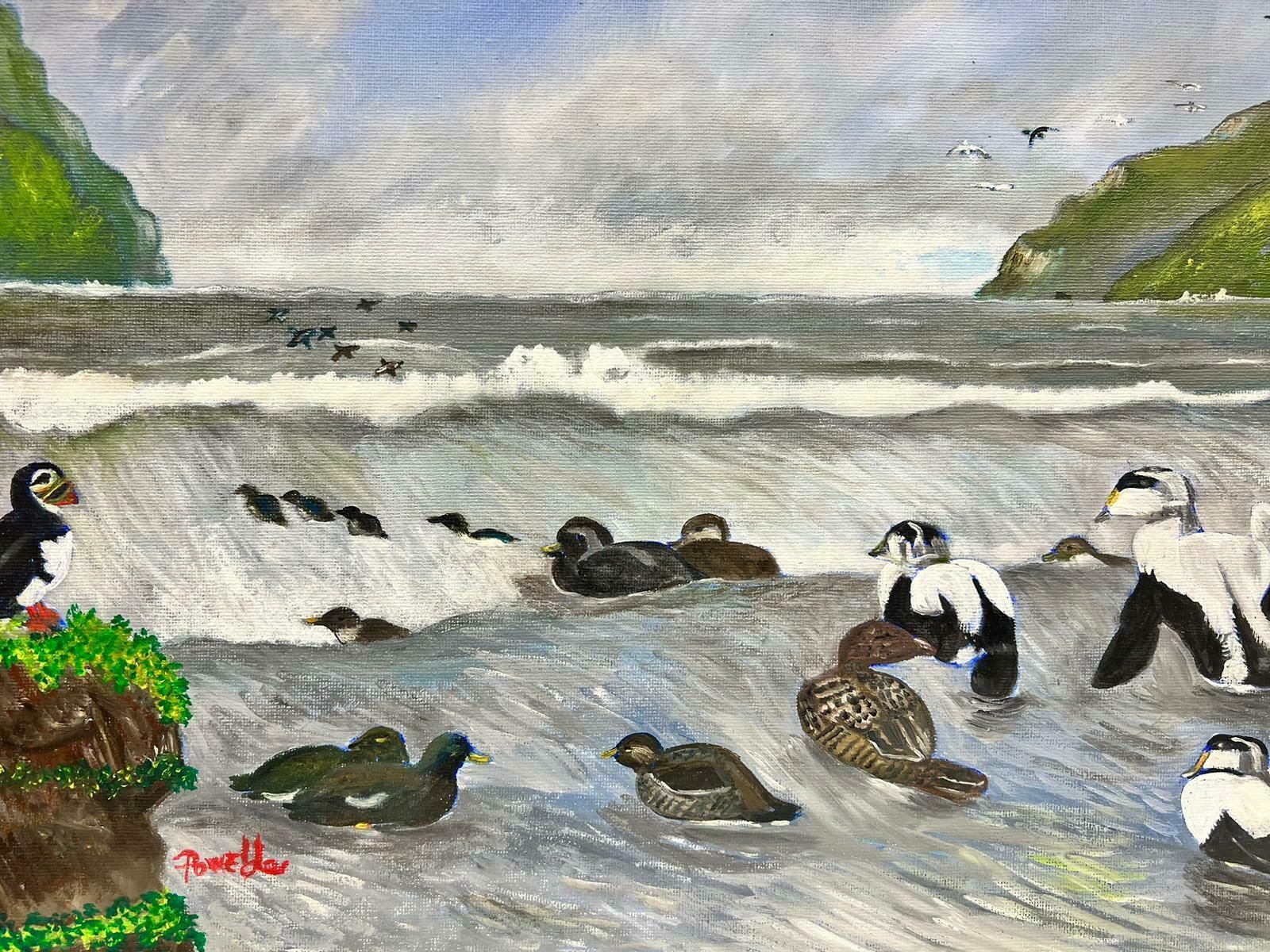 Ben Powellcontemporary British Acrylic Painting Birds Looking For Fish In Sea photo furniture